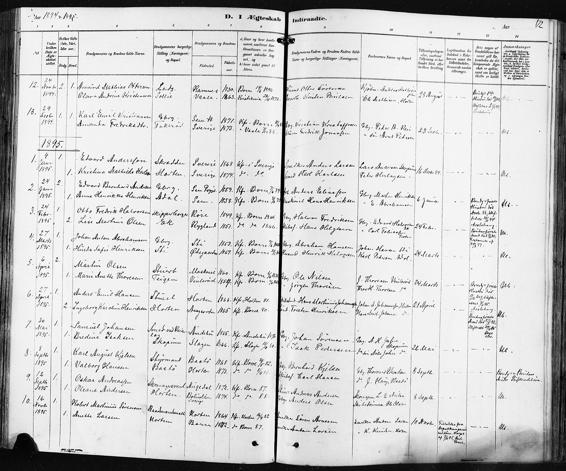 Borre kirkebøker, AV/SAKO-A-338/F/Fa/L0009: Parish register (official) no. I 9, 1878-1896, p. 172