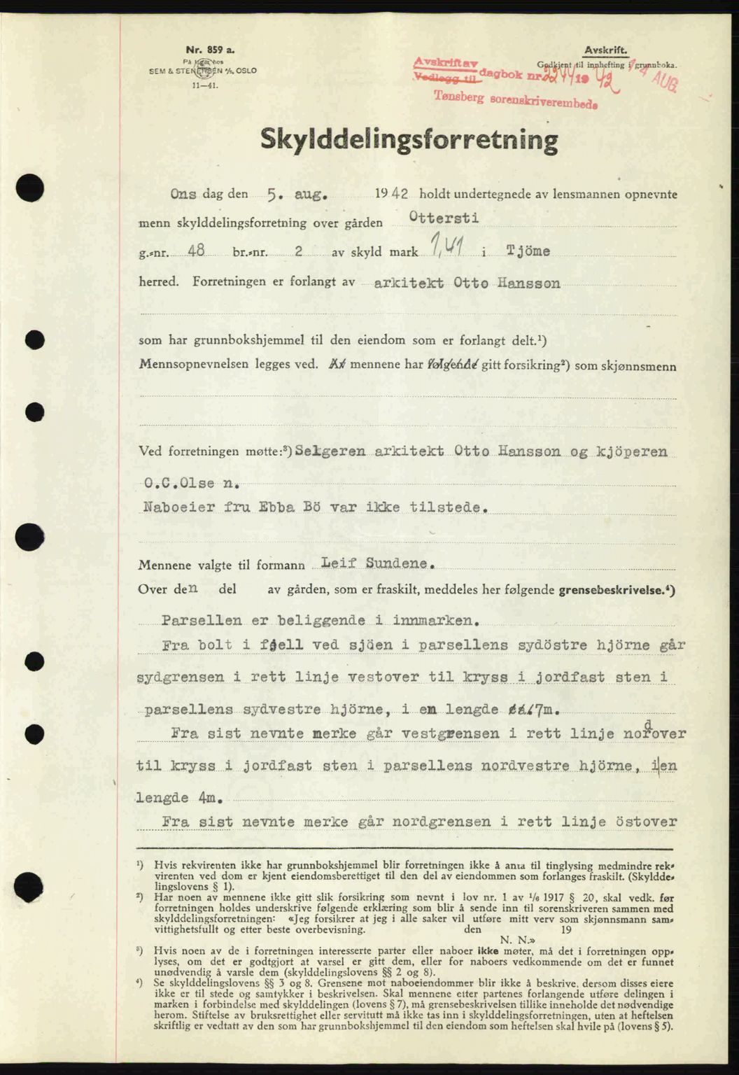 Tønsberg sorenskriveri, AV/SAKO-A-130/G/Ga/Gaa/L0012: Mortgage book no. A12, 1942-1943, Diary no: : 2244/1942