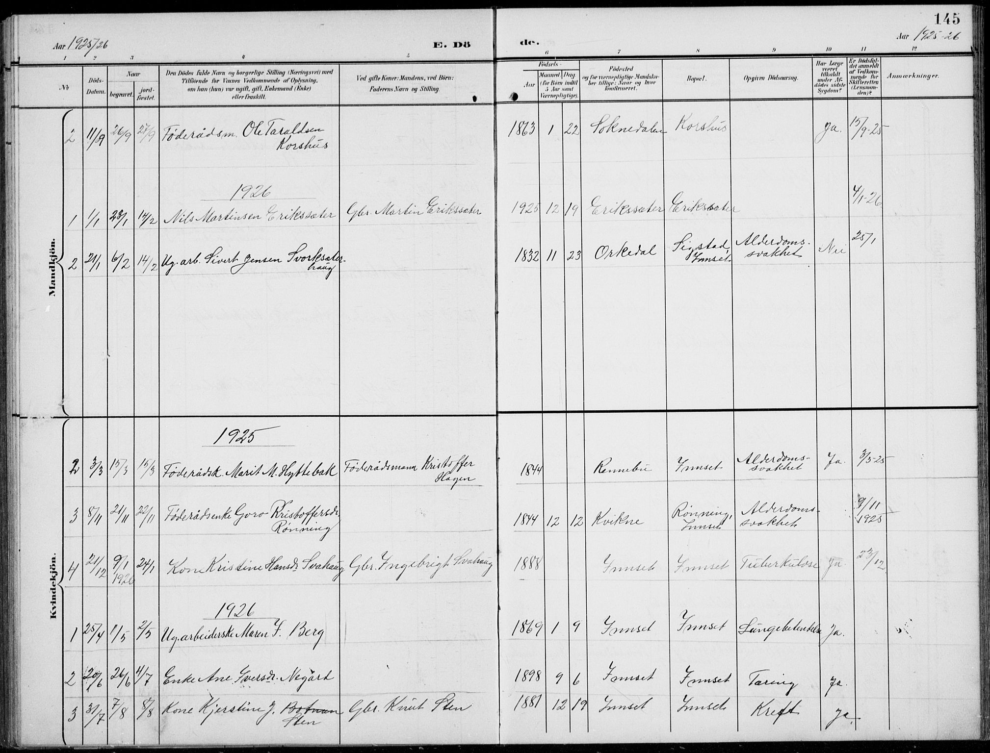 Kvikne prestekontor, SAH/PREST-064/H/Ha/Hab/L0004: Parish register (copy) no. 4, 1902-1937, p. 145