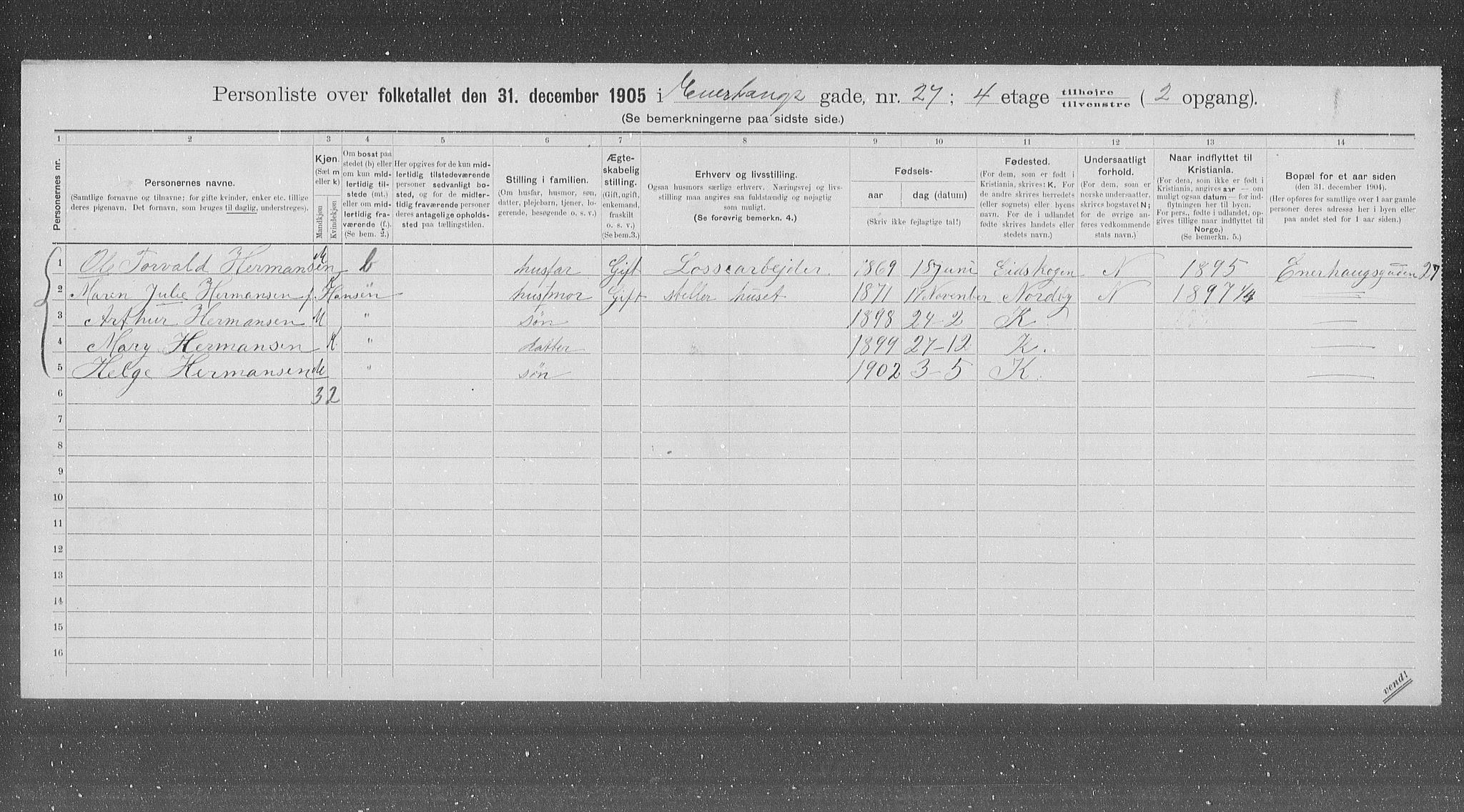 OBA, Municipal Census 1905 for Kristiania, 1905, p. 10962