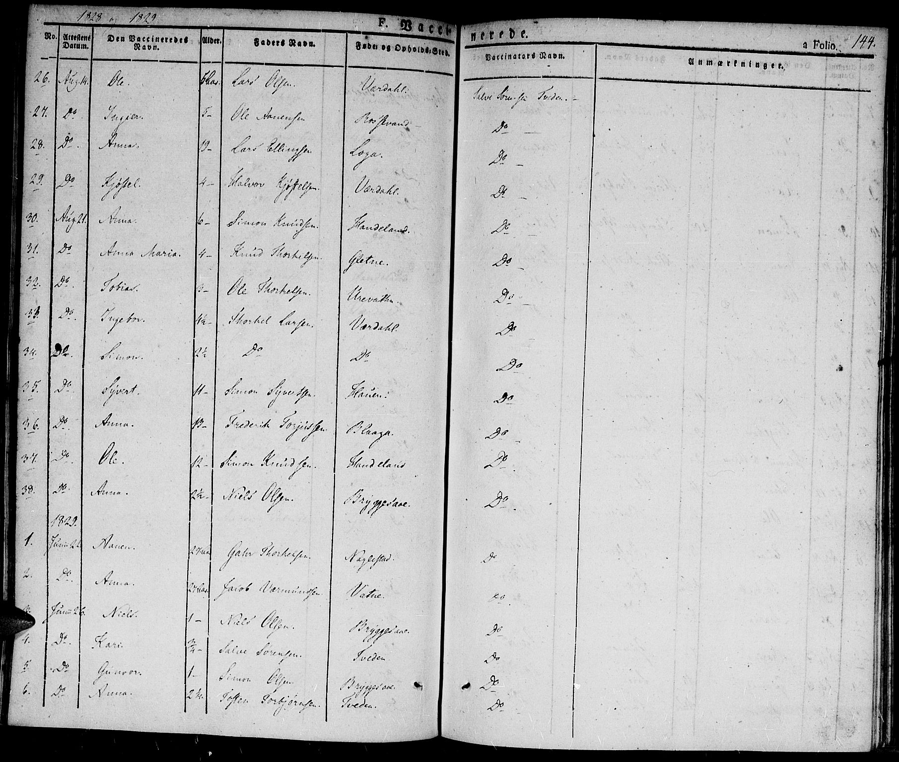 Hægebostad sokneprestkontor, AV/SAK-1111-0024/F/Fa/Fab/L0001: Parish register (official) no. A 1, 1823-1867, p. 144