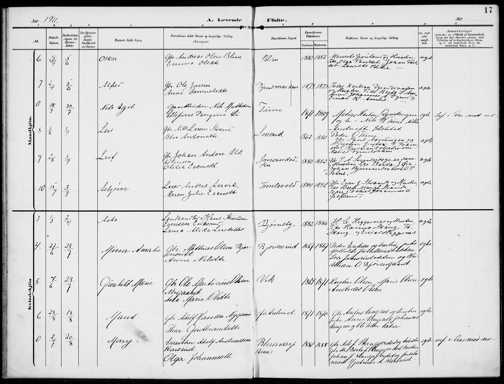 Kolbu prestekontor, SAH/PREST-110/H/Ha/Haa/L0001: Parish register (official) no. 1, 1907-1923, p. 17