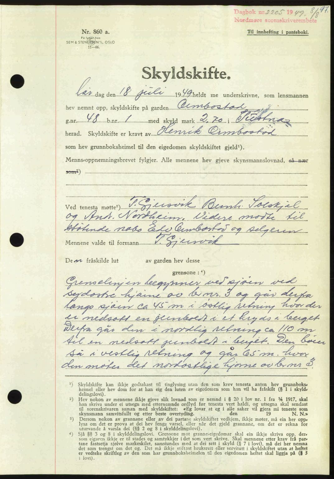 Nordmøre sorenskriveri, AV/SAT-A-4132/1/2/2Ca: Mortgage book no. A112, 1949-1949, Diary no: : 2205/1949