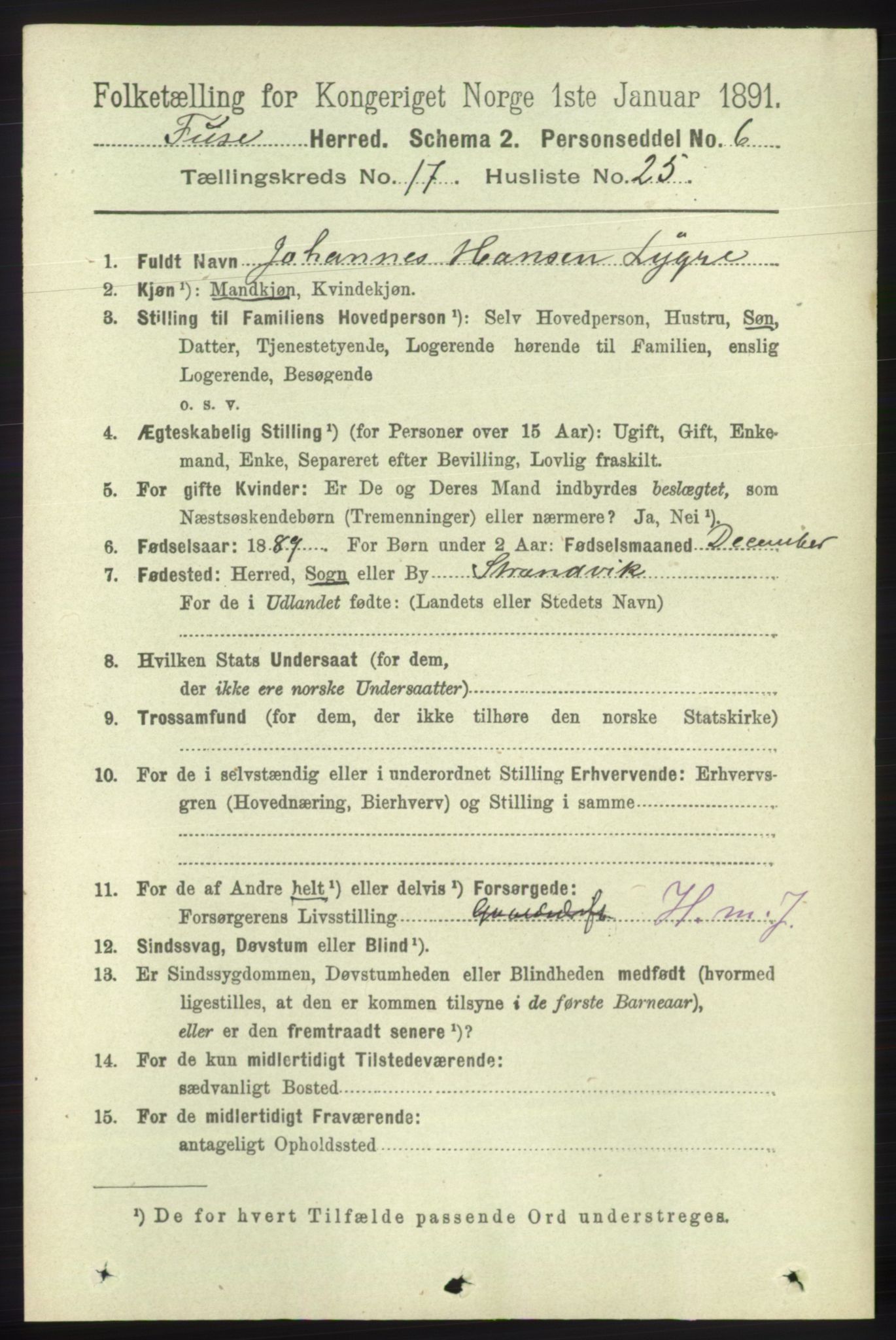 RA, 1891 census for 1241 Fusa, 1891, p. 3952