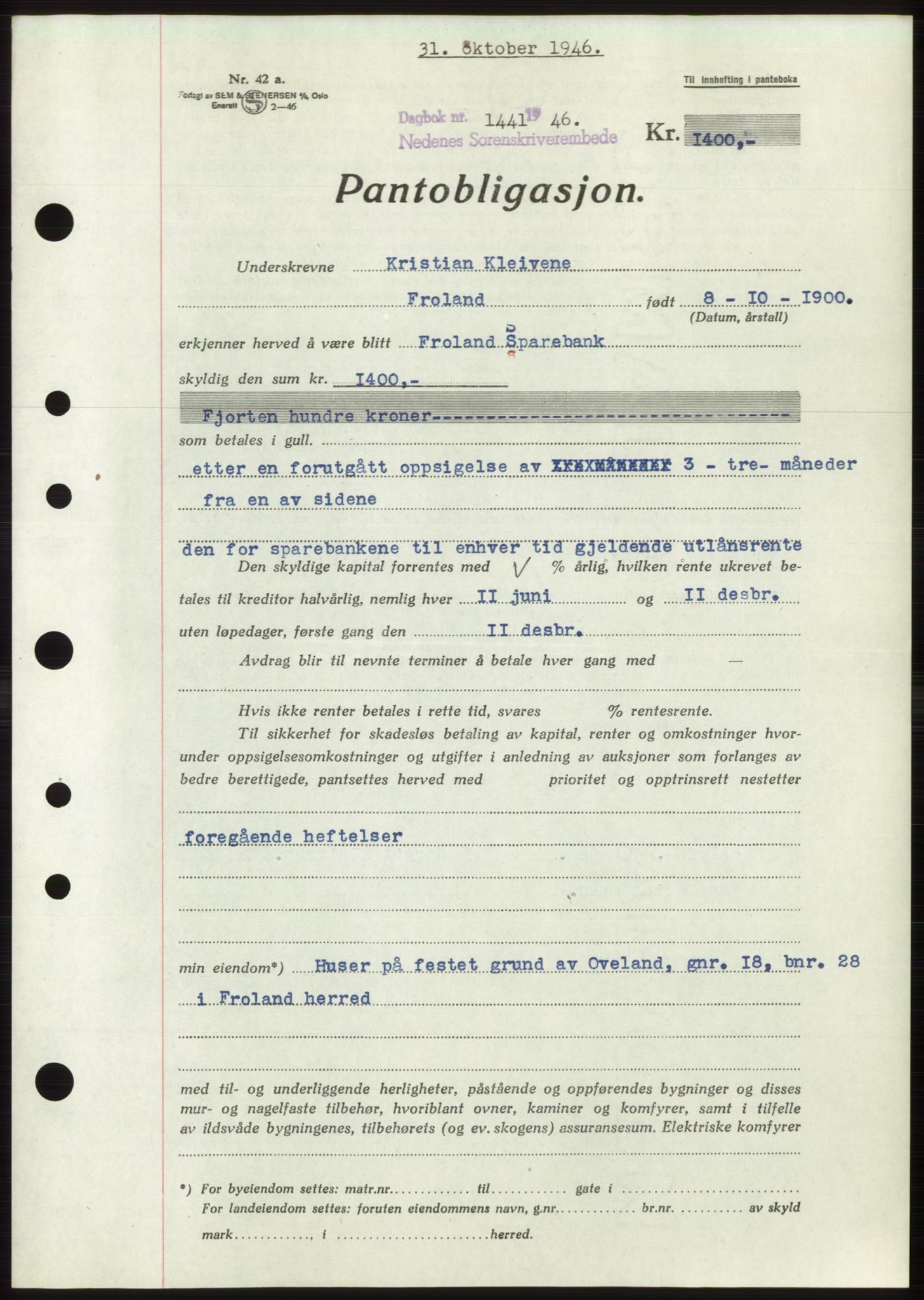 Nedenes sorenskriveri, SAK/1221-0006/G/Gb/Gbb/L0003: Mortgage book no. B3b, 1946-1946, Diary no: : 1441/1946