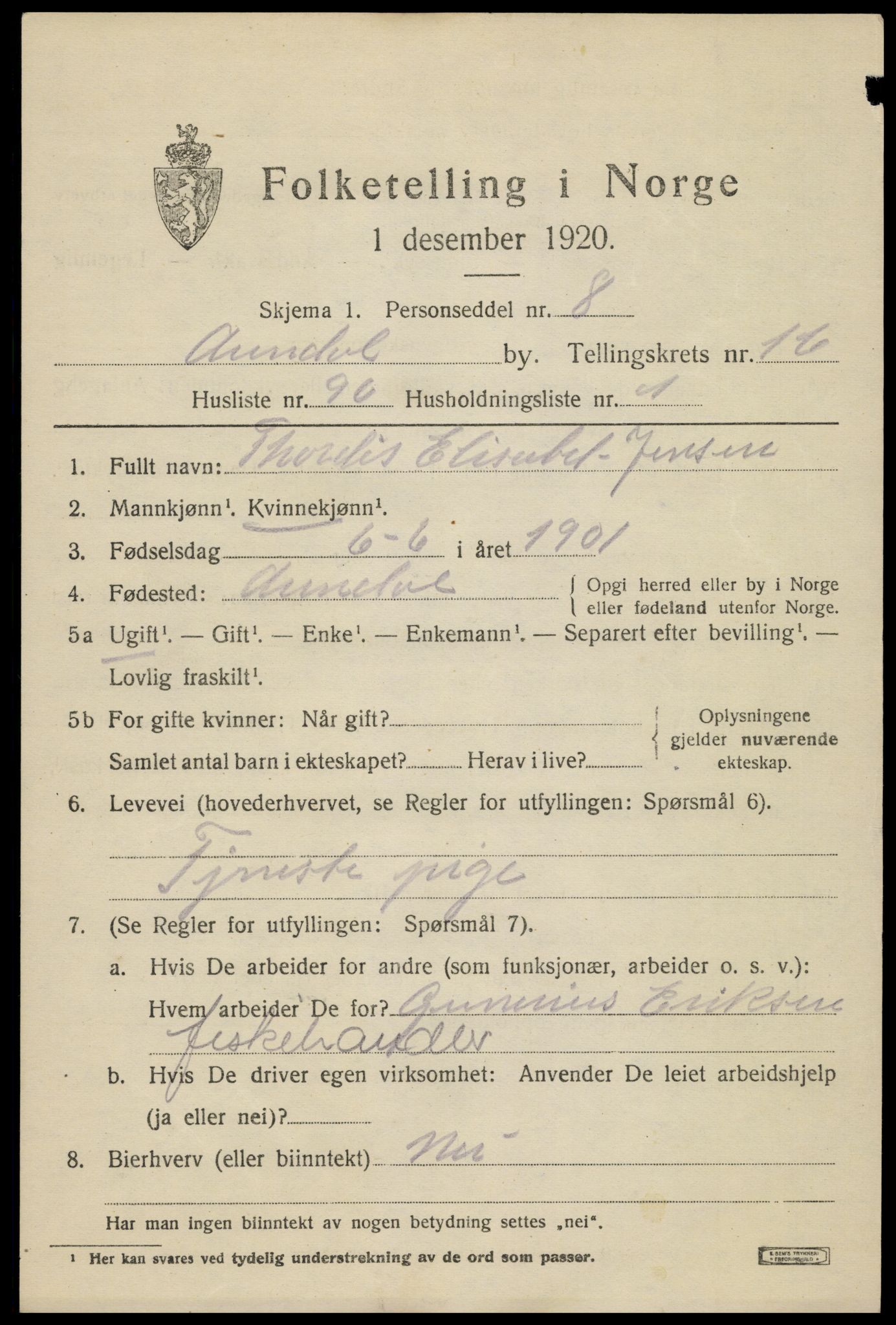 SAK, 1920 census for Arendal, 1920, p. 24044