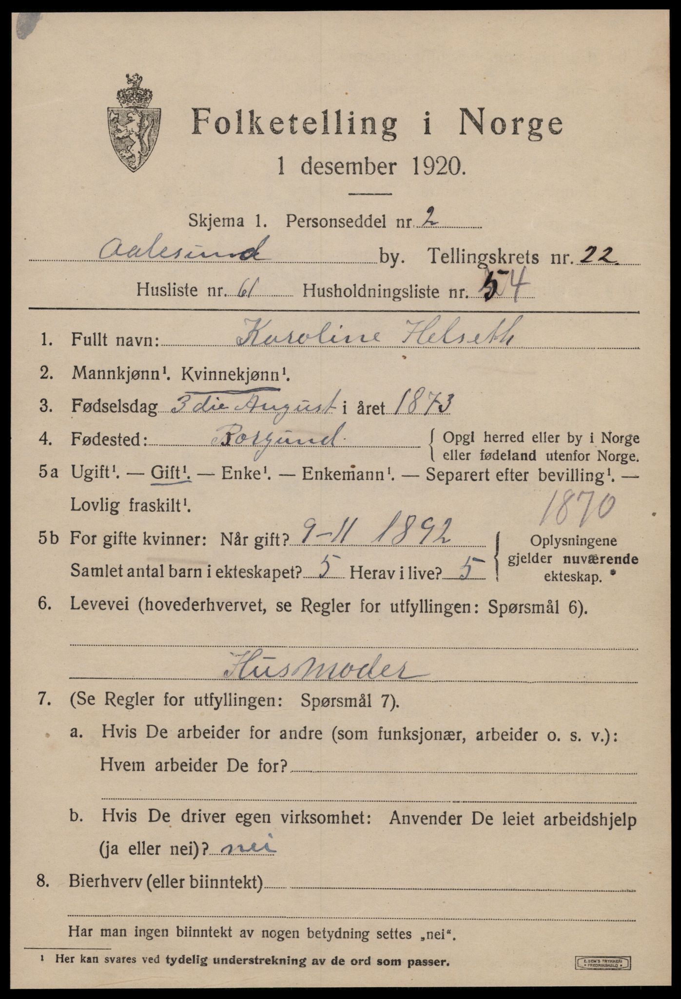 SAT, 1920 census for Ålesund, 1920, p. 42004