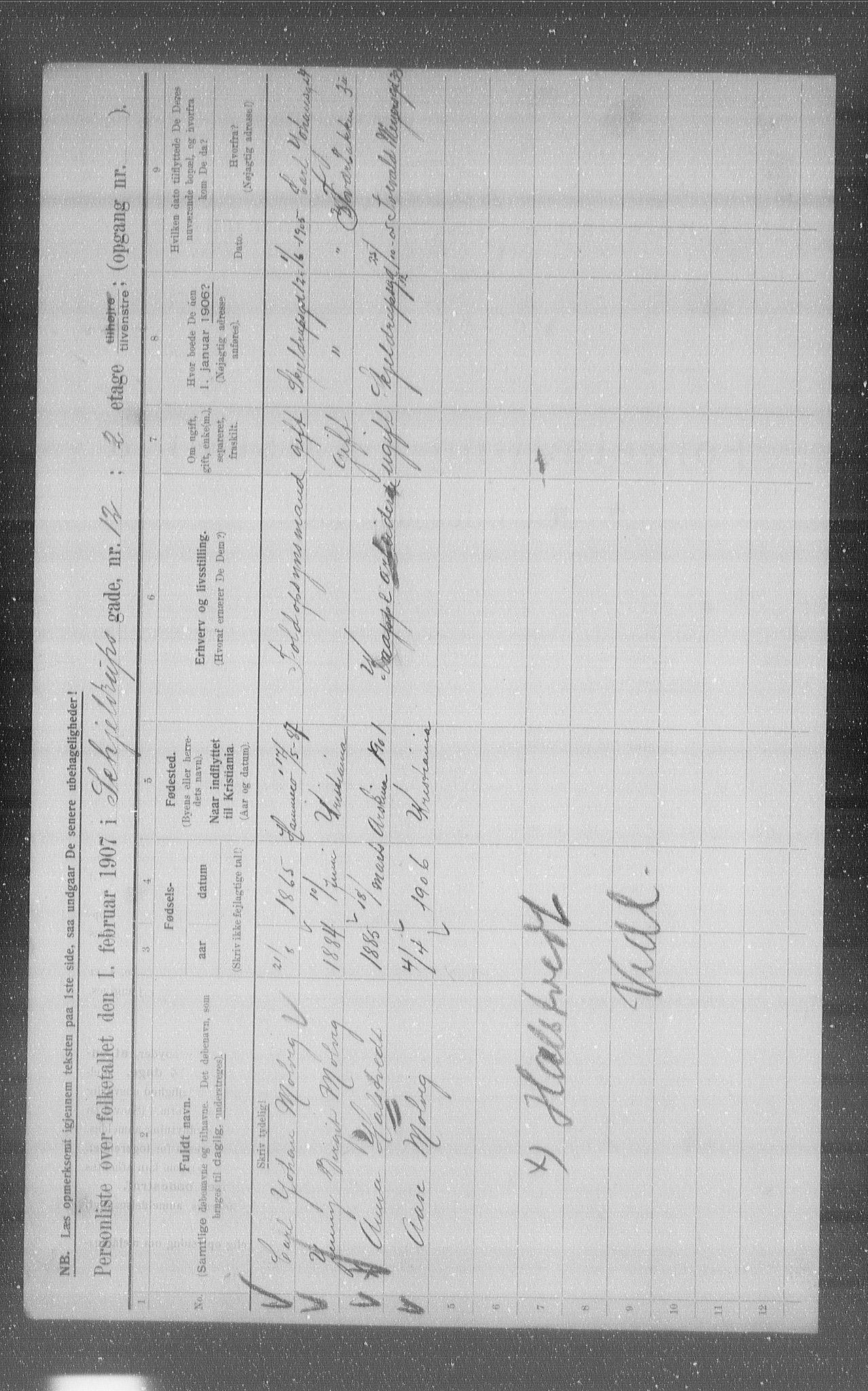 OBA, Municipal Census 1907 for Kristiania, 1907, p. 48916