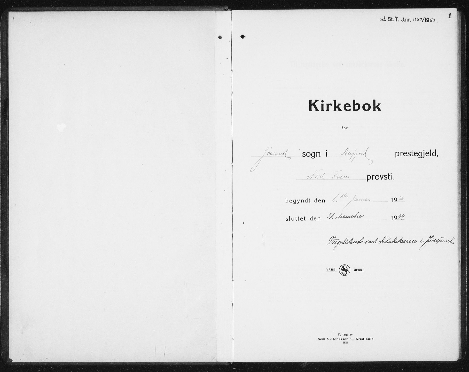 Ministerialprotokoller, klokkerbøker og fødselsregistre - Sør-Trøndelag, SAT/A-1456/654/L0667: Parish register (copy) no. 654C03, 1924-1939, p. 1