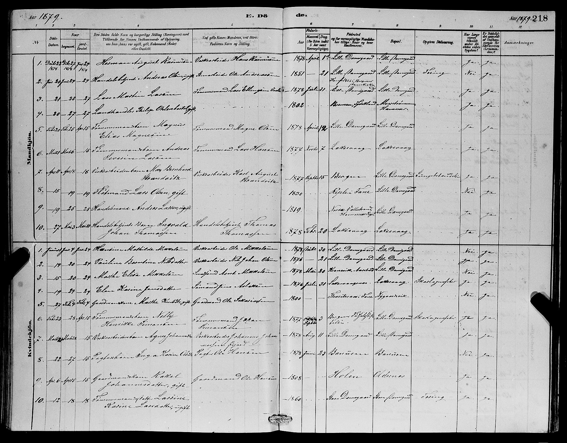 Laksevåg Sokneprestembete, AV/SAB-A-76501/H/Ha/Hab/Haba/L0002: Parish register (copy) no. A 2, 1877-1887, p. 218