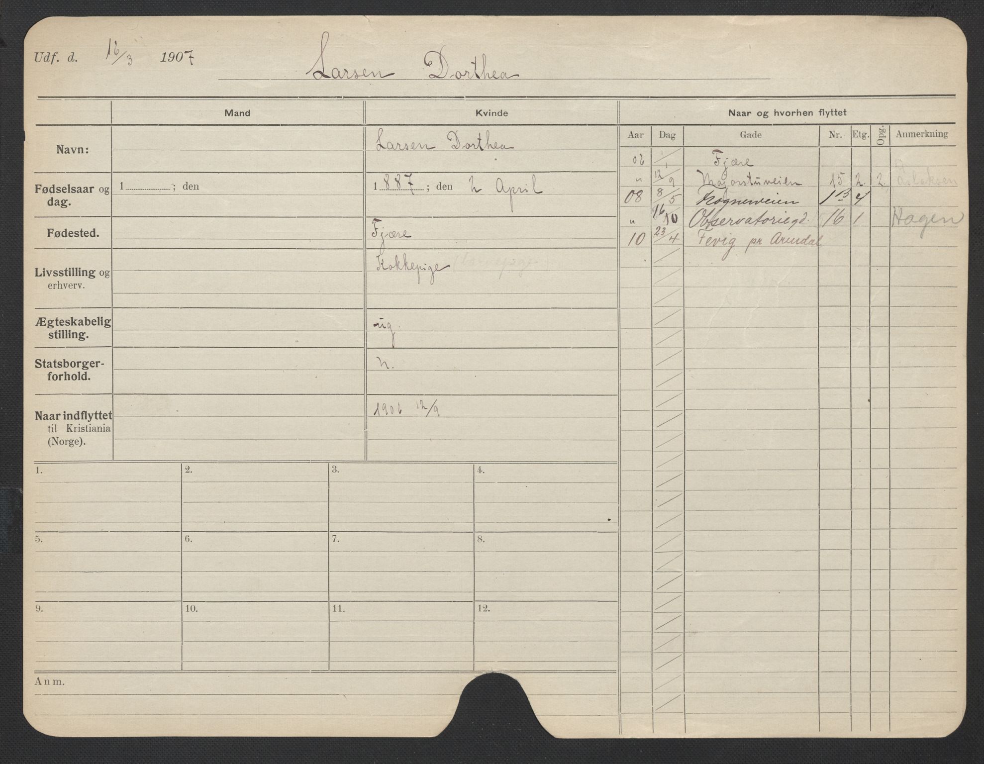 Oslo folkeregister, Registerkort, AV/SAO-A-11715/F/Fa/Fac/L0019: Kvinner, 1906-1914, p. 852a