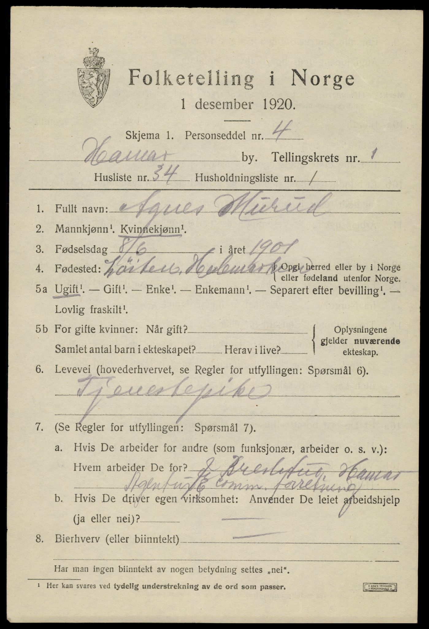SAH, 1920 census for Hamar, 1920, p. 5007