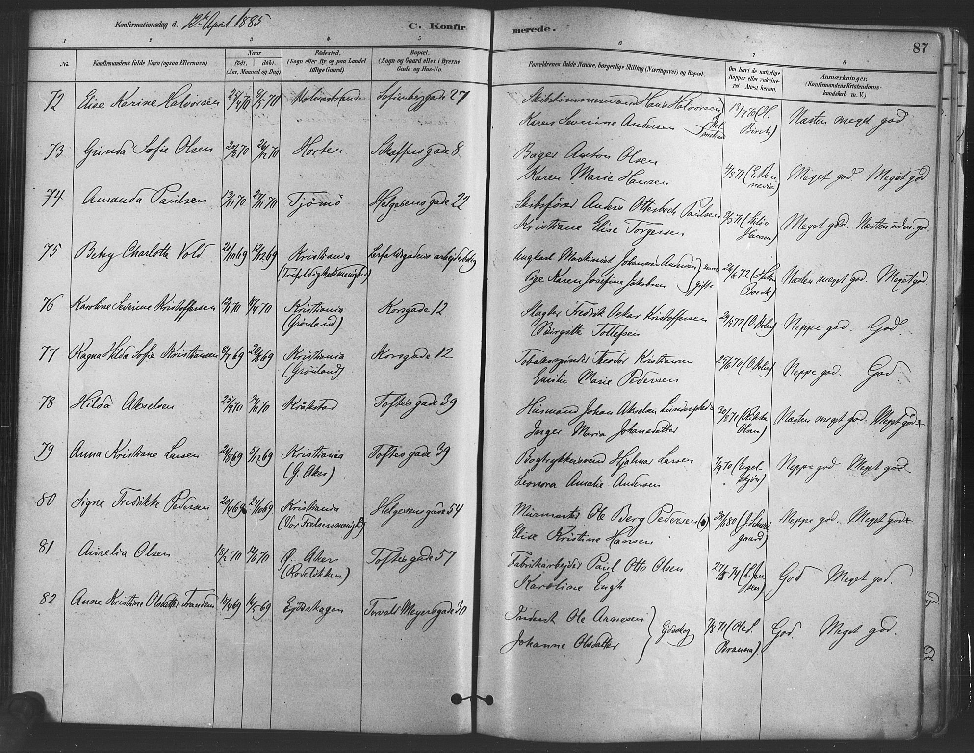 Paulus prestekontor Kirkebøker, AV/SAO-A-10871/F/Fa/L0004: Parish register (official) no. 4, 1879-1891, p. 87