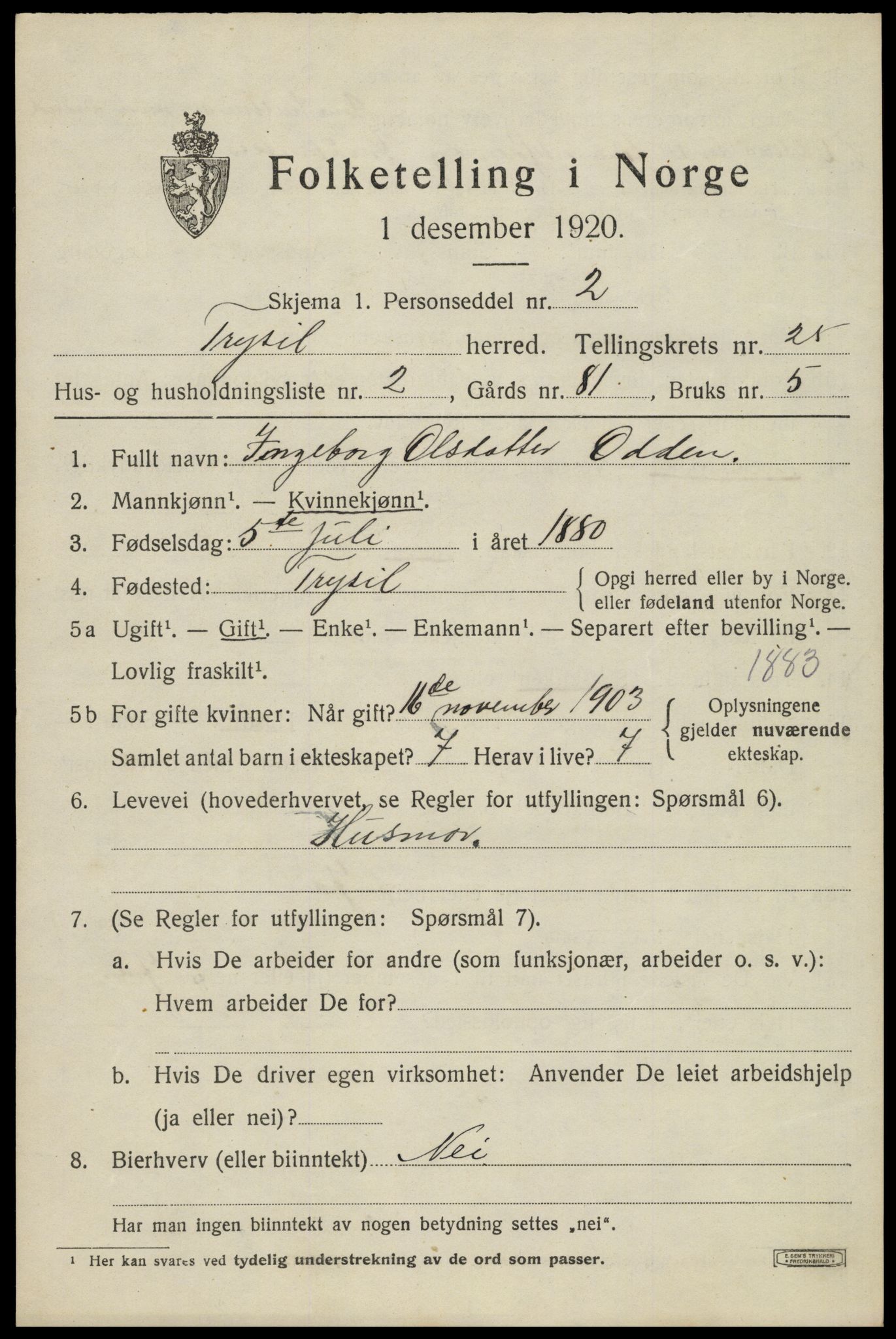 SAH, 1920 census for Trysil, 1920, p. 15699