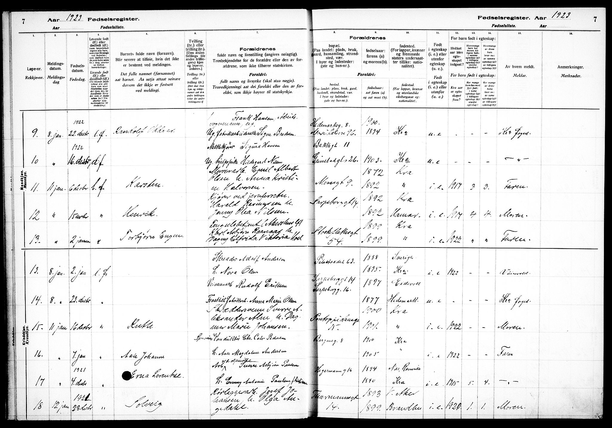 Sagene prestekontor Kirkebøker, AV/SAO-A-10796/J/L0003: Birth register no. 3, 1922-1925, p. 7