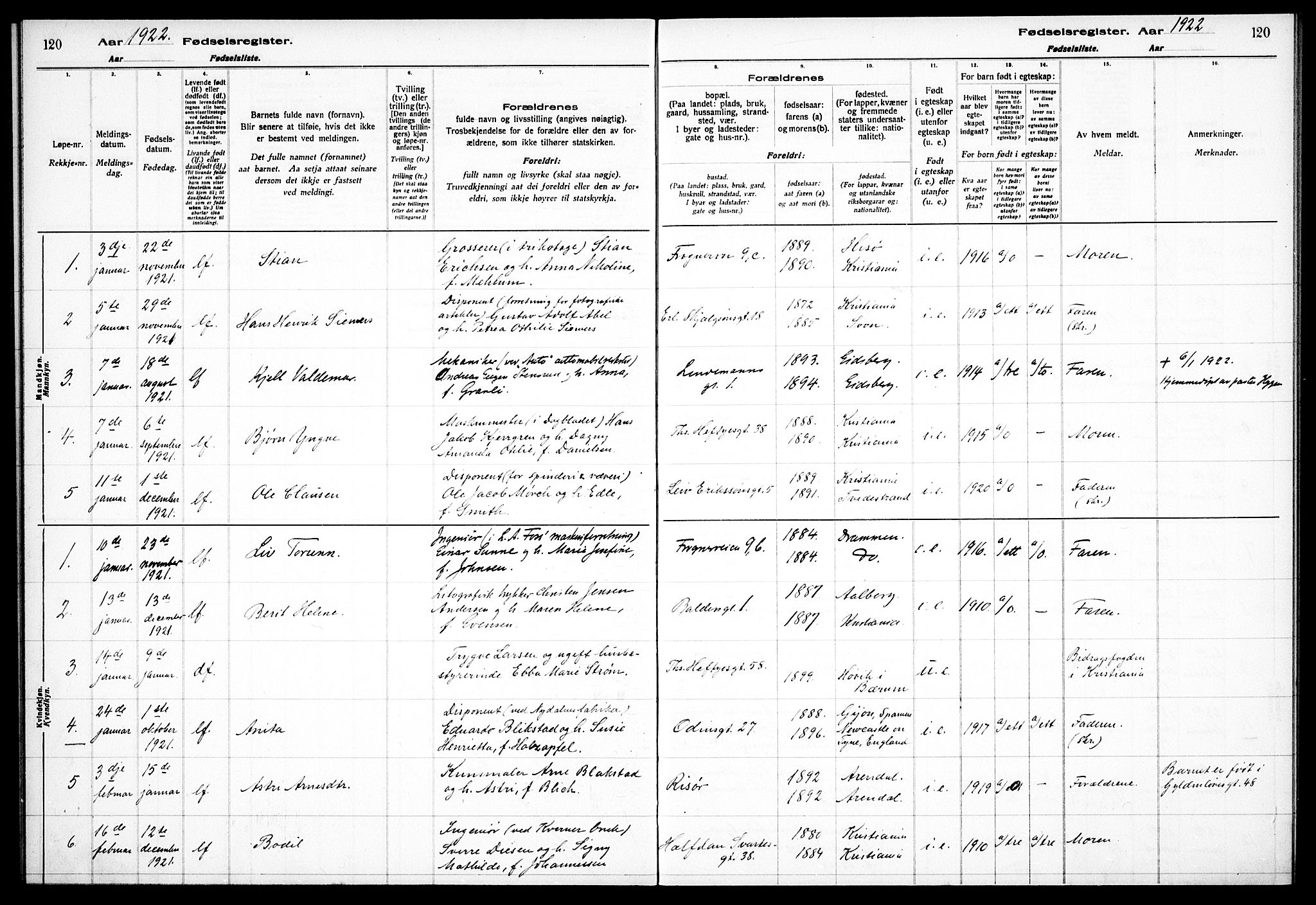 Frogner prestekontor Kirkebøker, AV/SAO-A-10886/J/Ja/L0001: Birth register no. 1, 1916-1927, p. 120