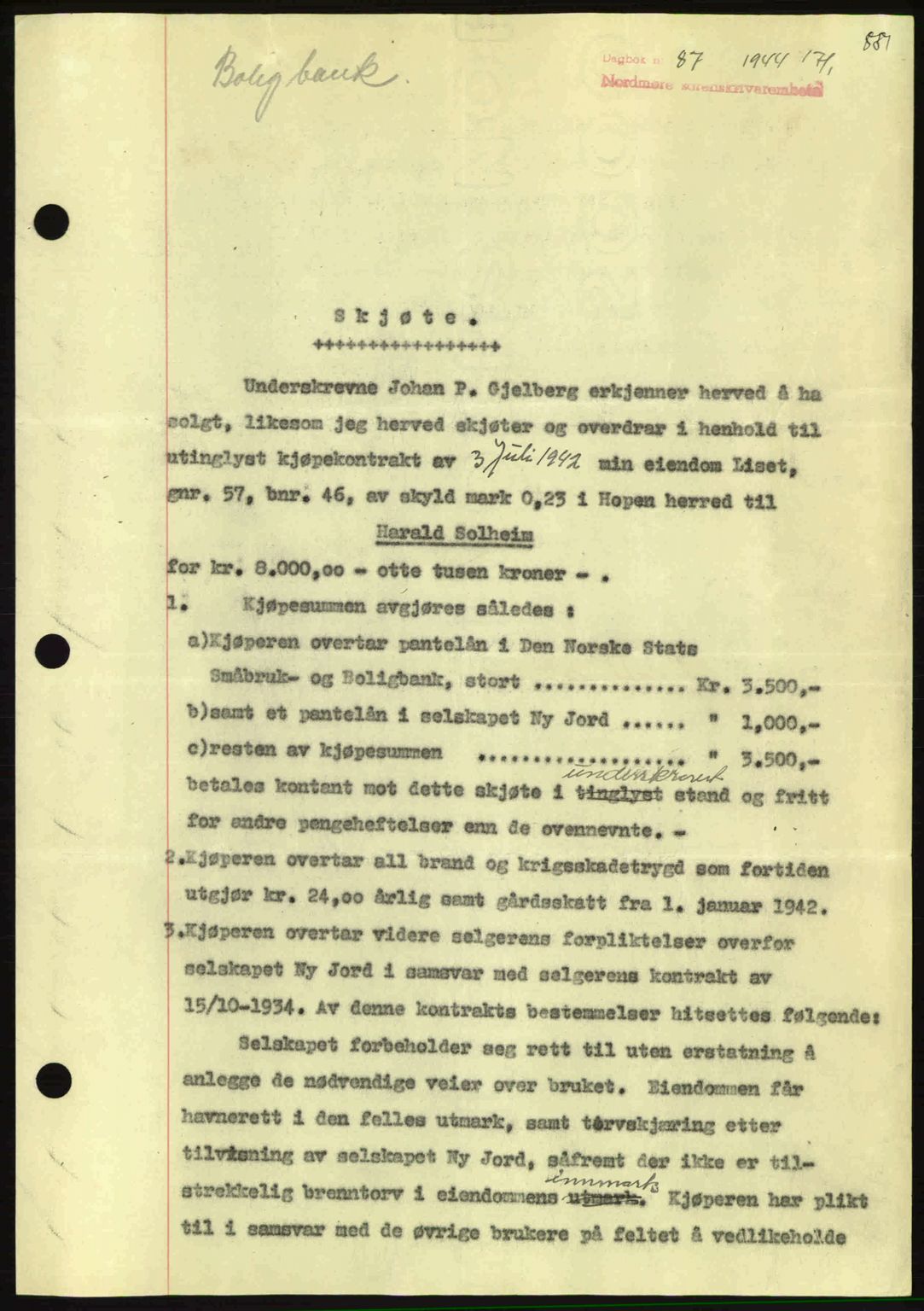 Nordmøre sorenskriveri, AV/SAT-A-4132/1/2/2Ca: Mortgage book no. A96, 1943-1944, Diary no: : 87/1944