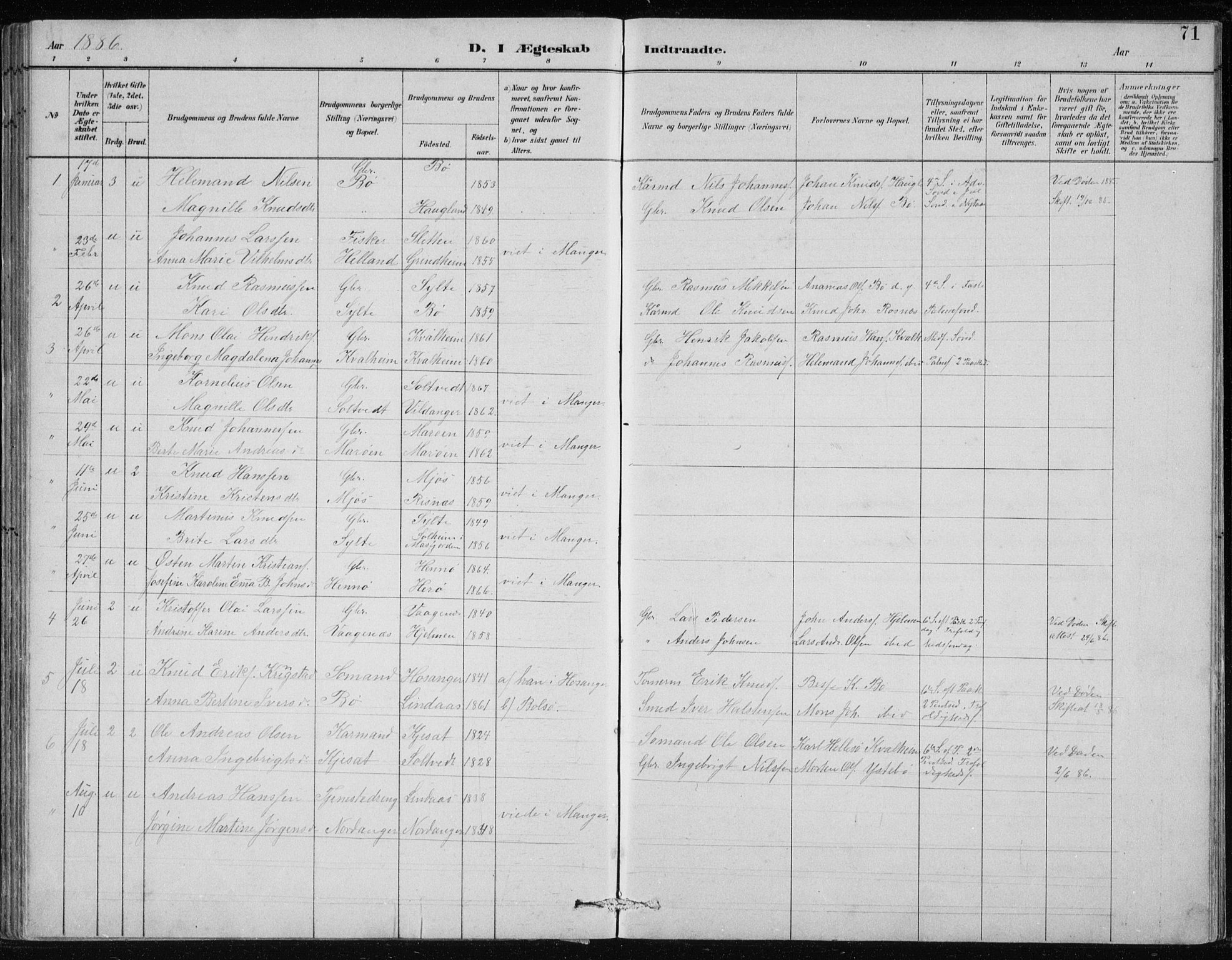 Manger sokneprestembete, SAB/A-76801/H/Hab: Parish register (copy) no. B 2, 1882-1890, p. 71