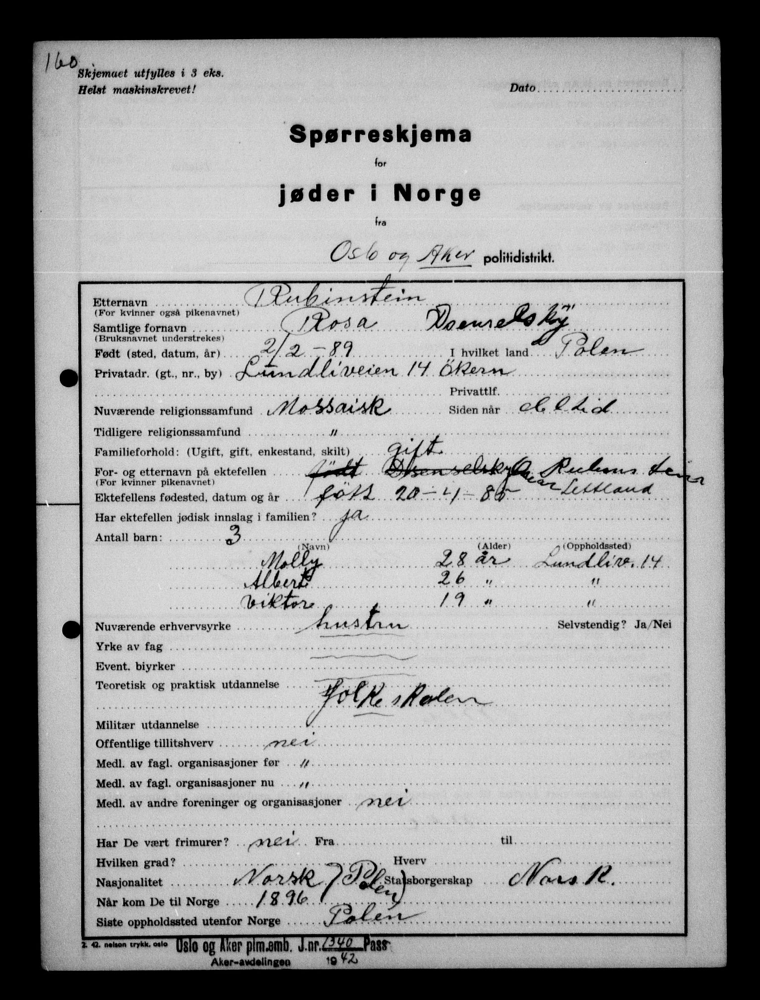 Statspolitiet - Hovedkontoret / Osloavdelingen, AV/RA-S-1329/G/Ga/L0012: Spørreskjema for jøder i Norge. 1: Aker 114- 207 (Levinson-Wozak) og 656 (Salomon). 2: Arendal-Hordaland. 3: Horten-Romerike.  , 1942, p. 141