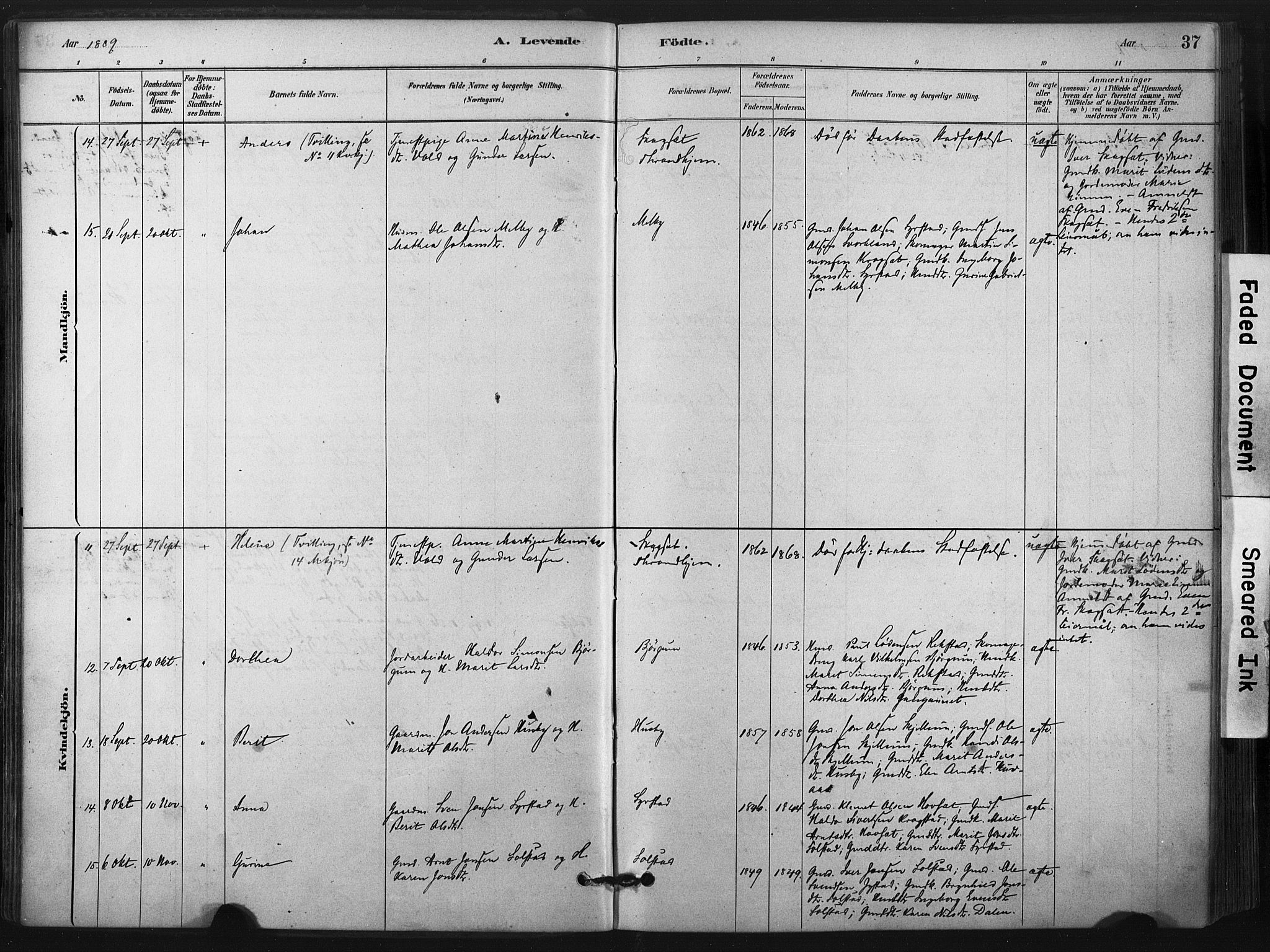 Ministerialprotokoller, klokkerbøker og fødselsregistre - Sør-Trøndelag, SAT/A-1456/667/L0795: Parish register (official) no. 667A03, 1879-1907, p. 37