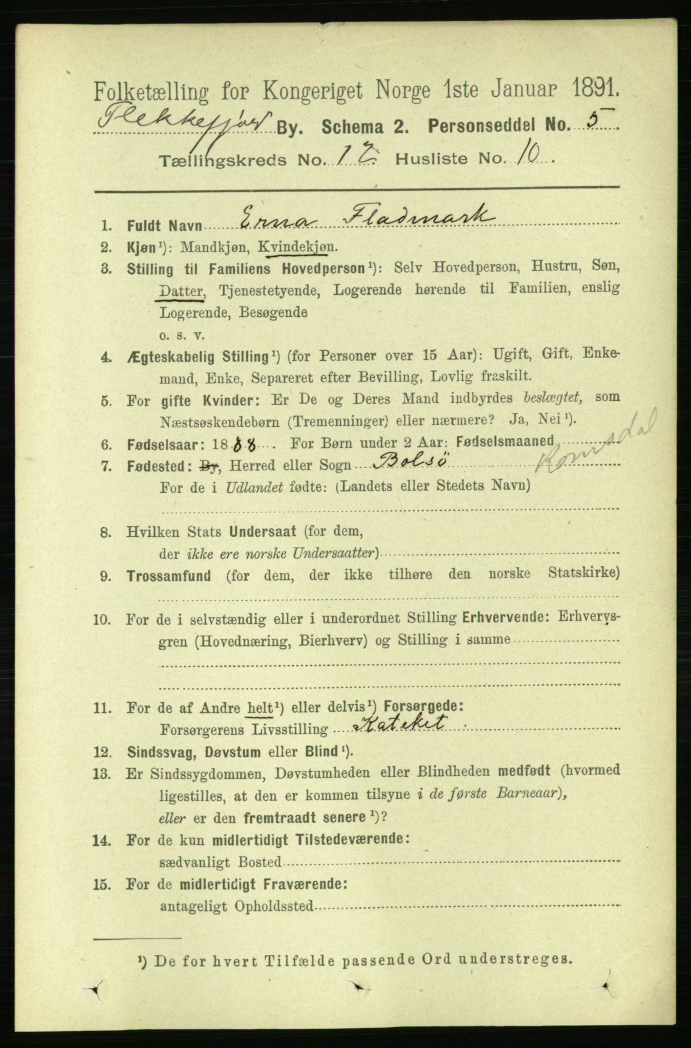 RA, 1891 census for 1004 Flekkefjord, 1891, p. 1746