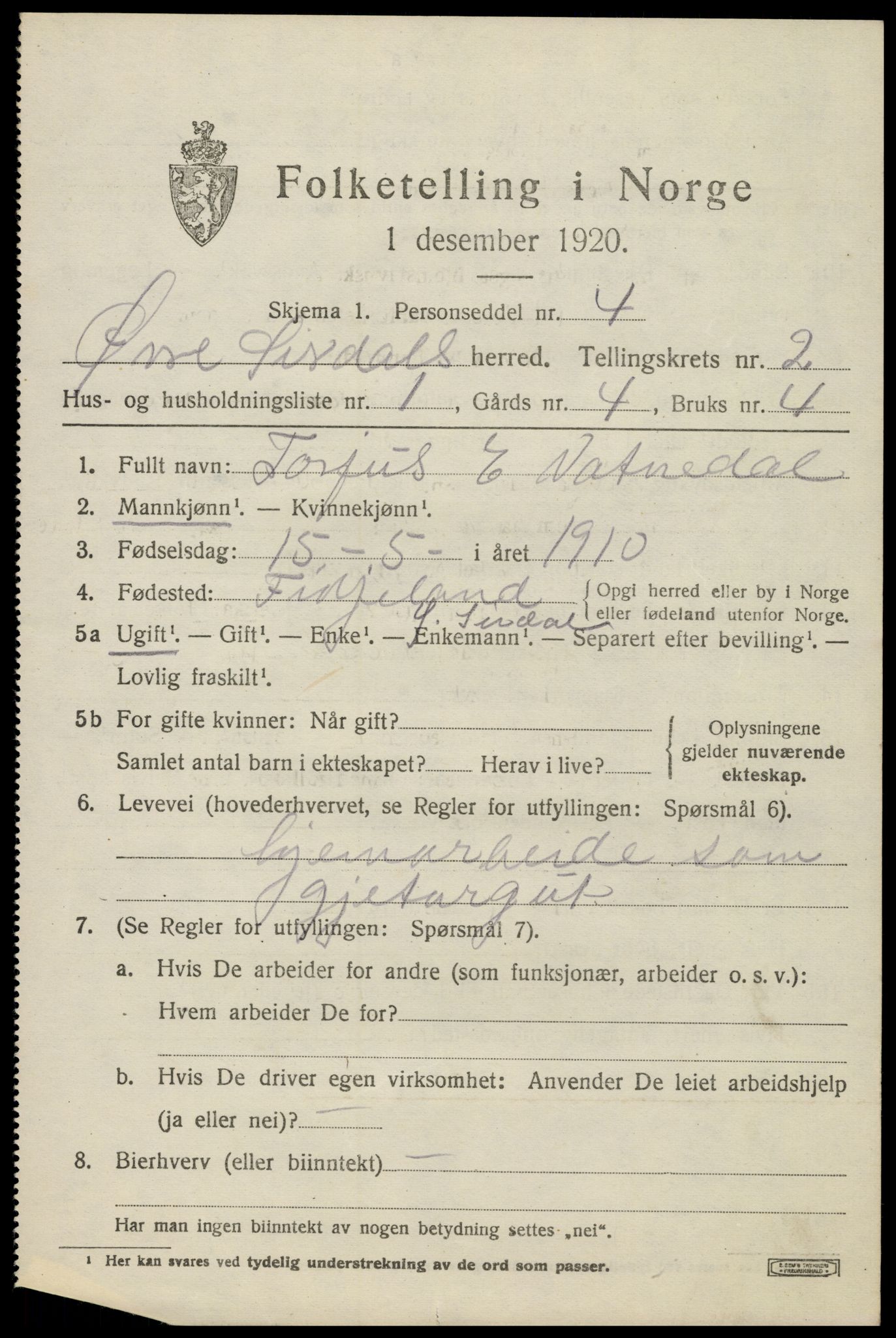 SAK, 1920 census for Øvre Sirdal, 1920, p. 431