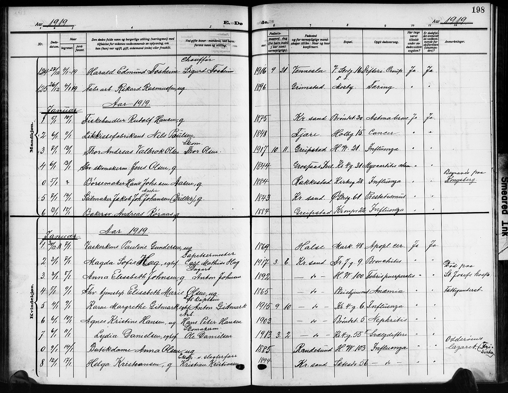 Kristiansand domprosti, SAK/1112-0006/F/Fb/L0022: Parish register (copy) no. B 22, 1915-1925, p. 198
