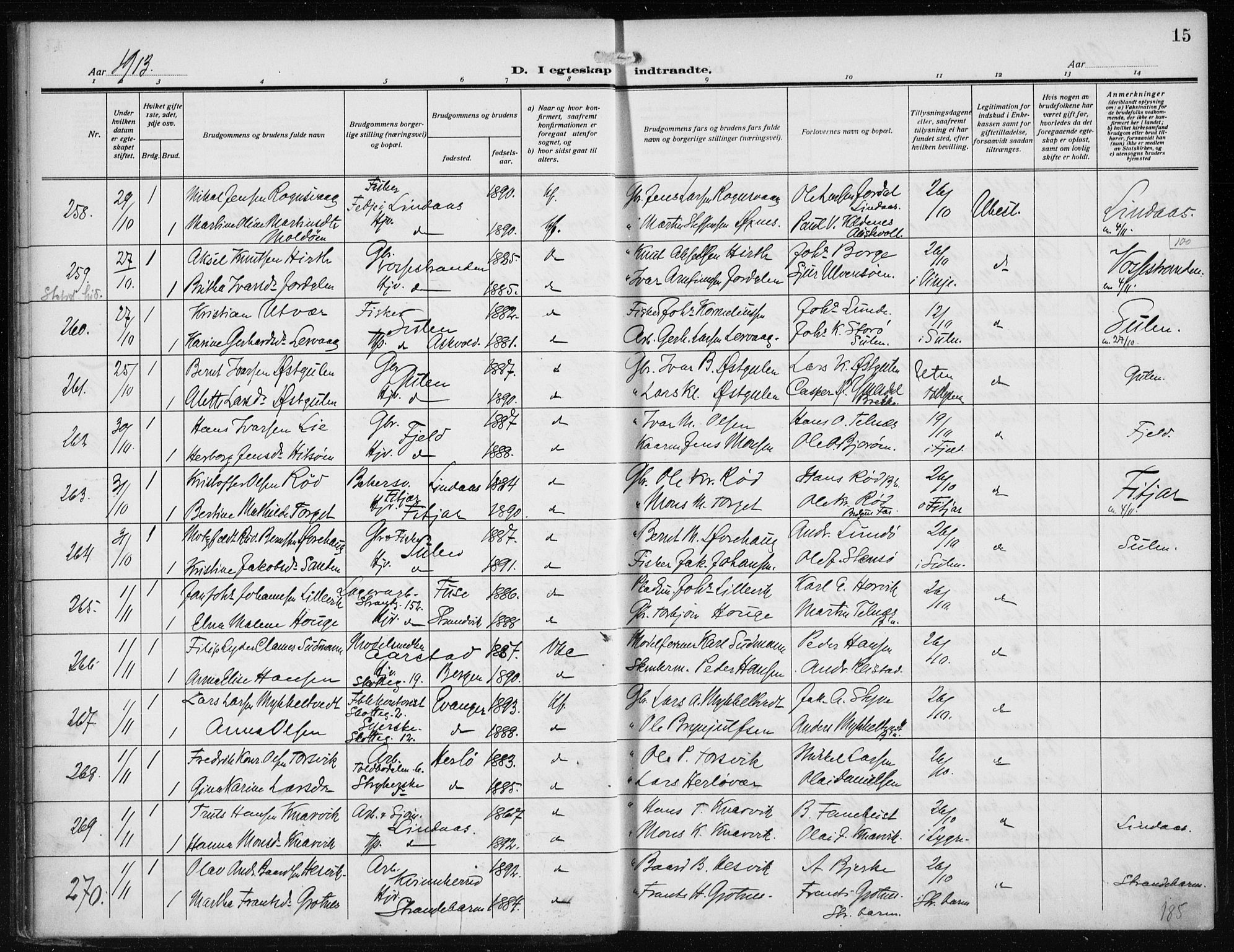 Nykirken Sokneprestembete, AV/SAB-A-77101/H/Haa/L0036: Parish register (official) no. D 6, 1913-1918, p. 15