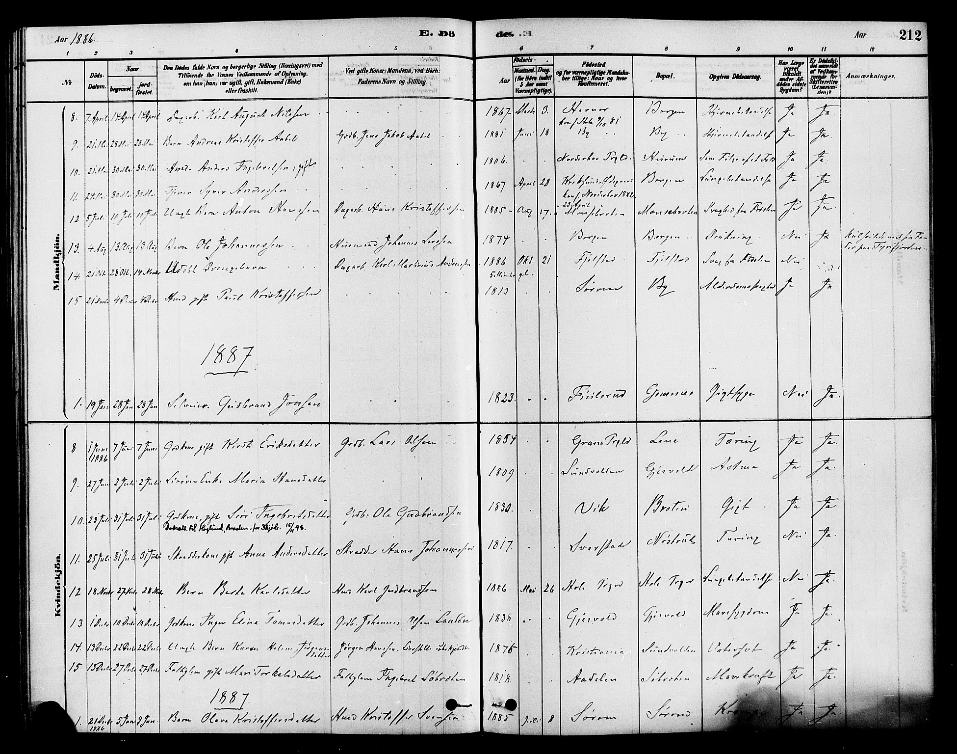 Hole kirkebøker, SAKO/A-228/F/Fa/L0008: Parish register (official) no. I 8, 1878-1891, p. 212