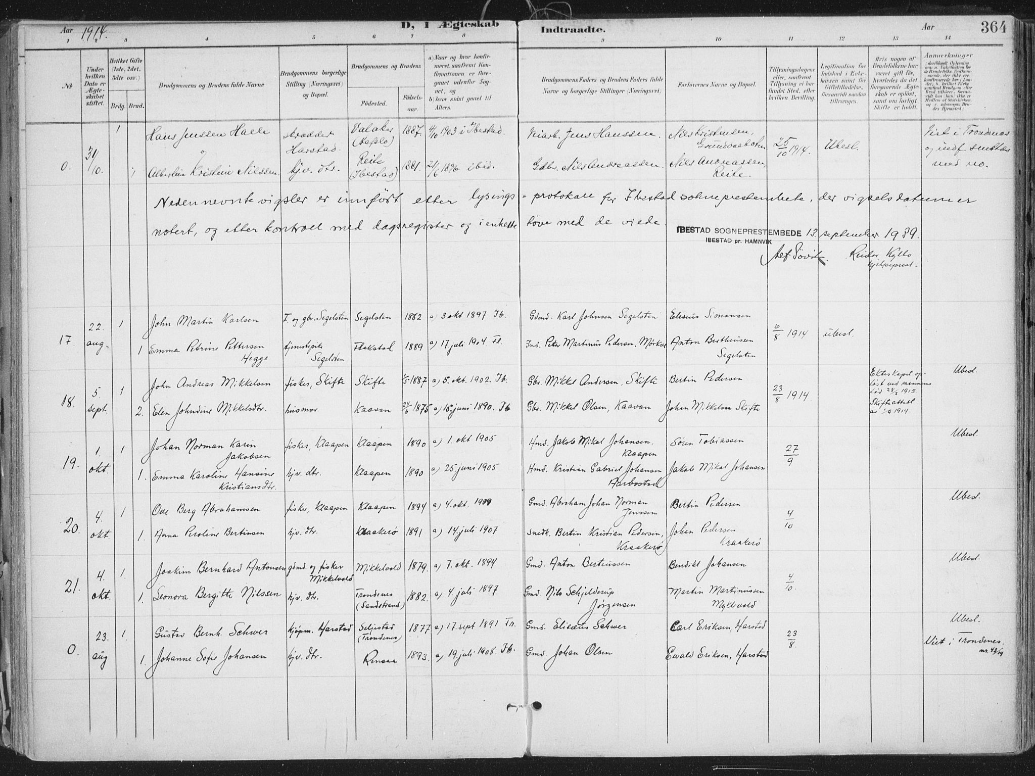 Ibestad sokneprestembete, AV/SATØ-S-0077/H/Ha/Haa/L0017kirke: Parish register (official) no. 17, 1901-1914, p. 364