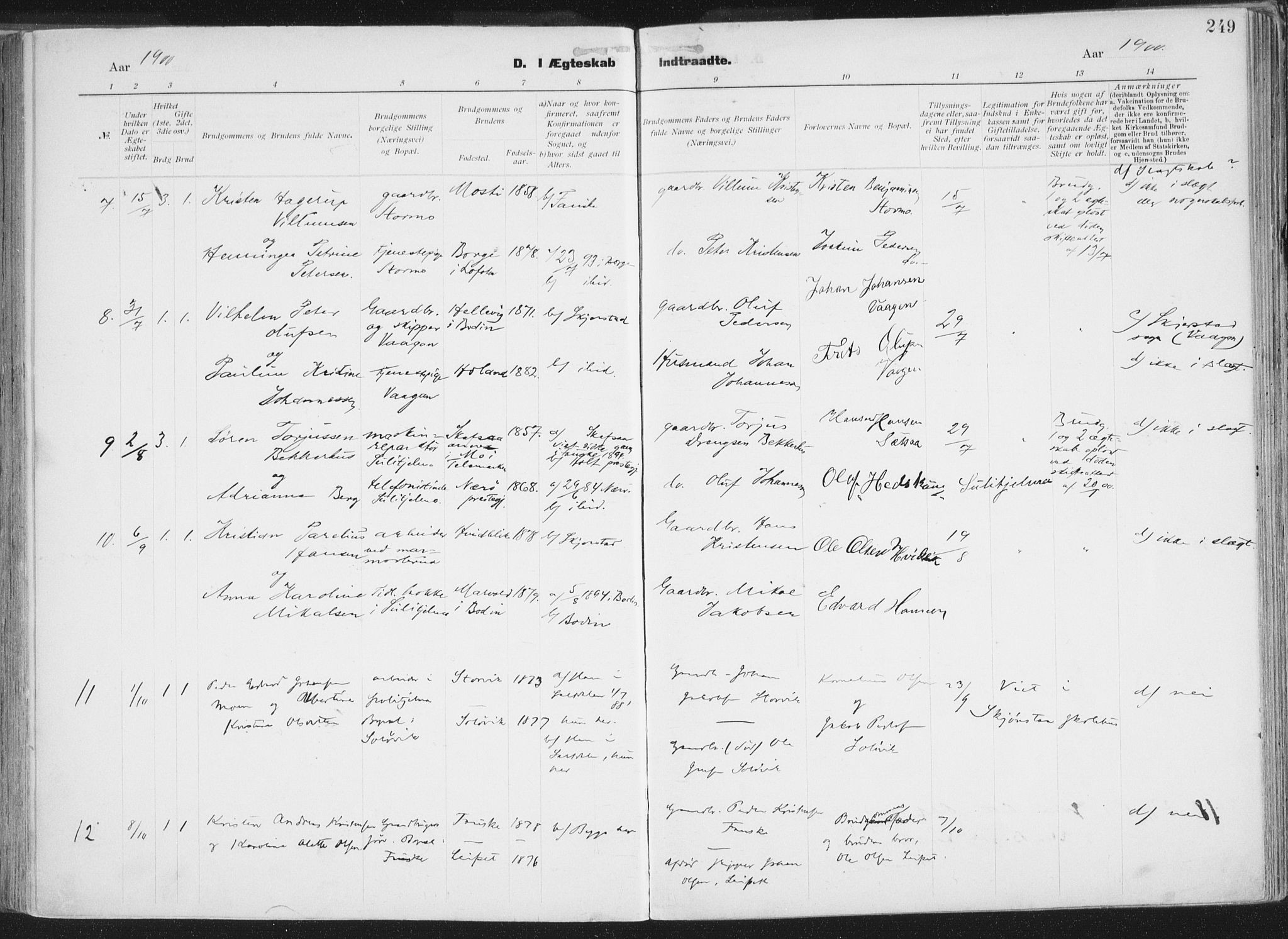 Ministerialprotokoller, klokkerbøker og fødselsregistre - Nordland, AV/SAT-A-1459/849/L0696: Parish register (official) no. 849A08, 1898-1910, p. 249