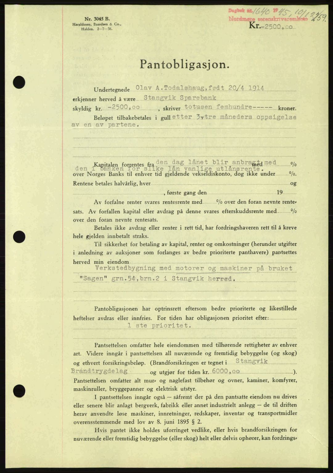 Nordmøre sorenskriveri, AV/SAT-A-4132/1/2/2Ca: Mortgage book no. B93a, 1945-1945, Diary no: : 1640/1945