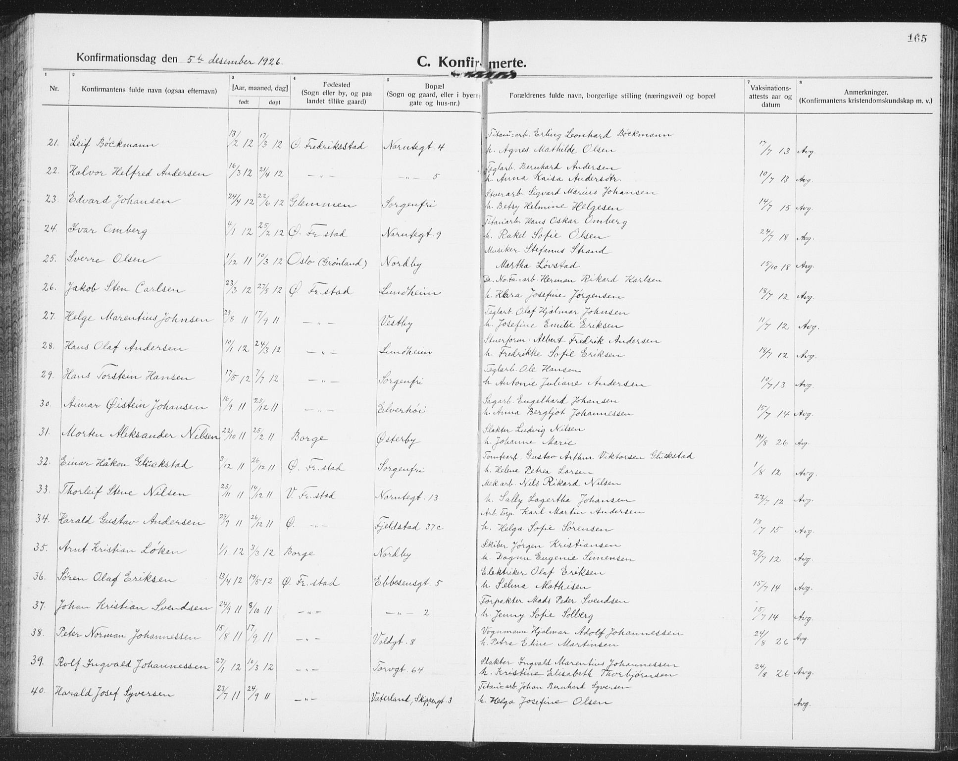 Østre Fredrikstad prestekontor Kirkebøker, AV/SAO-A-10907/G/Ga/L0003: Parish register (copy) no. 3, 1920-1940, p. 165