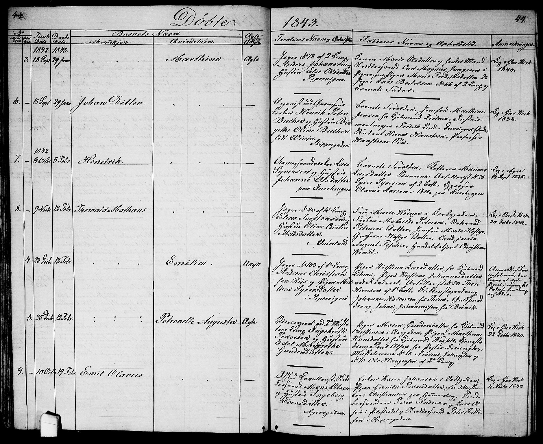 Garnisonsmenigheten Kirkebøker, AV/SAO-A-10846/G/Ga/L0005: Parish register (copy) no. 5, 1841-1860, p. 44