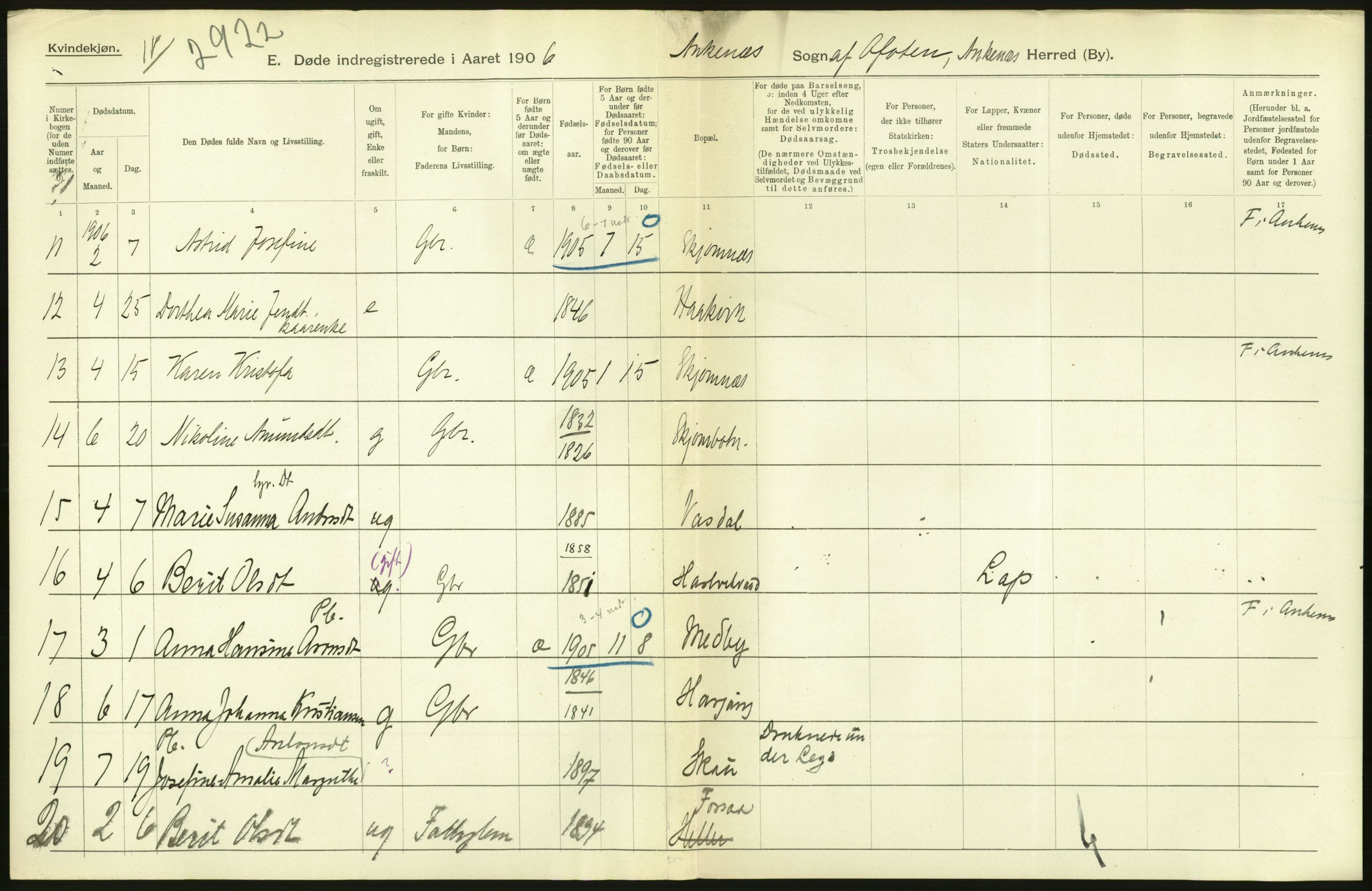 Statistisk sentralbyrå, Sosiodemografiske emner, Befolkning, RA/S-2228/D/Df/Dfa/Dfad/L0045: Nordlands amt: Døde. Bygder og byer., 1906, p. 42