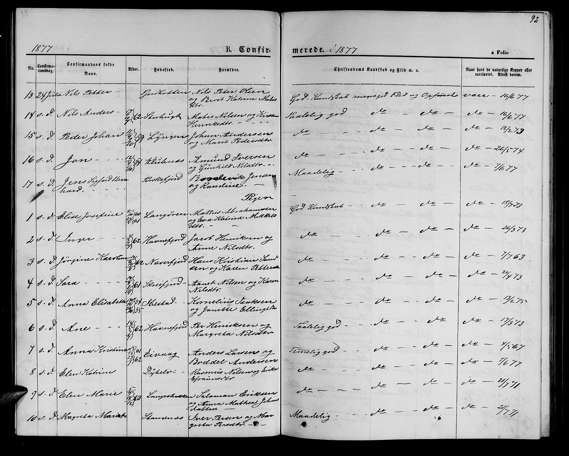 Hammerfest sokneprestkontor, SATØ/S-1347/H/Hb/L0005.klokk: Parish register (copy) no. 5, 1869-1884, p. 92