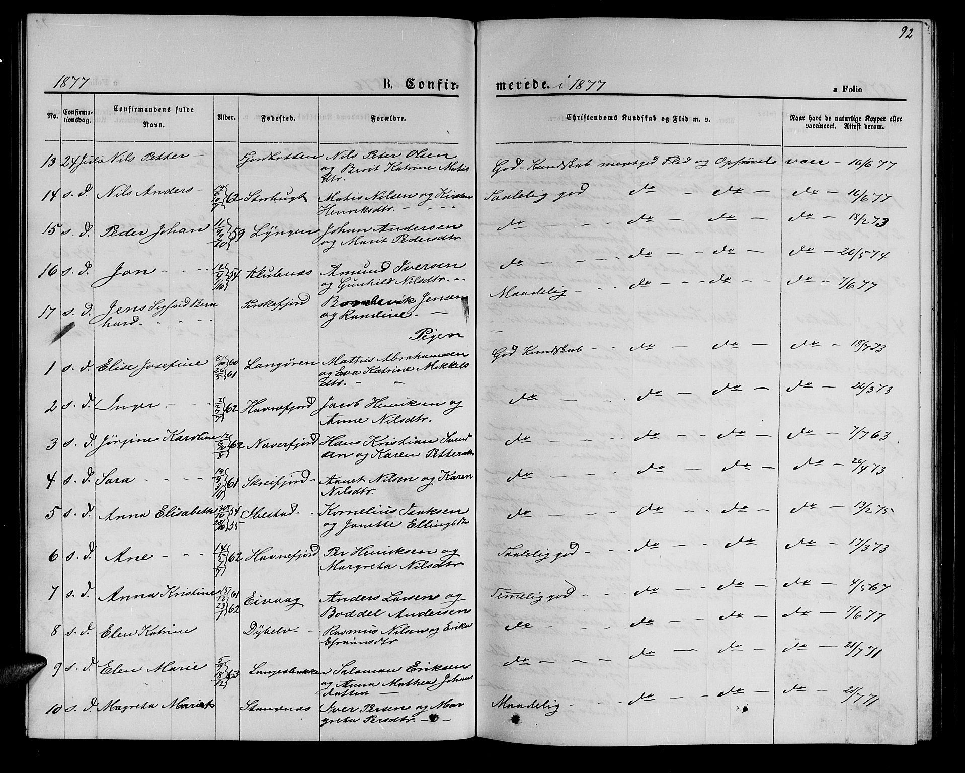 Hammerfest sokneprestkontor, AV/SATØ-S-1347/H/Hb/L0005.klokk: Parish register (copy) no. 5, 1869-1884, p. 92