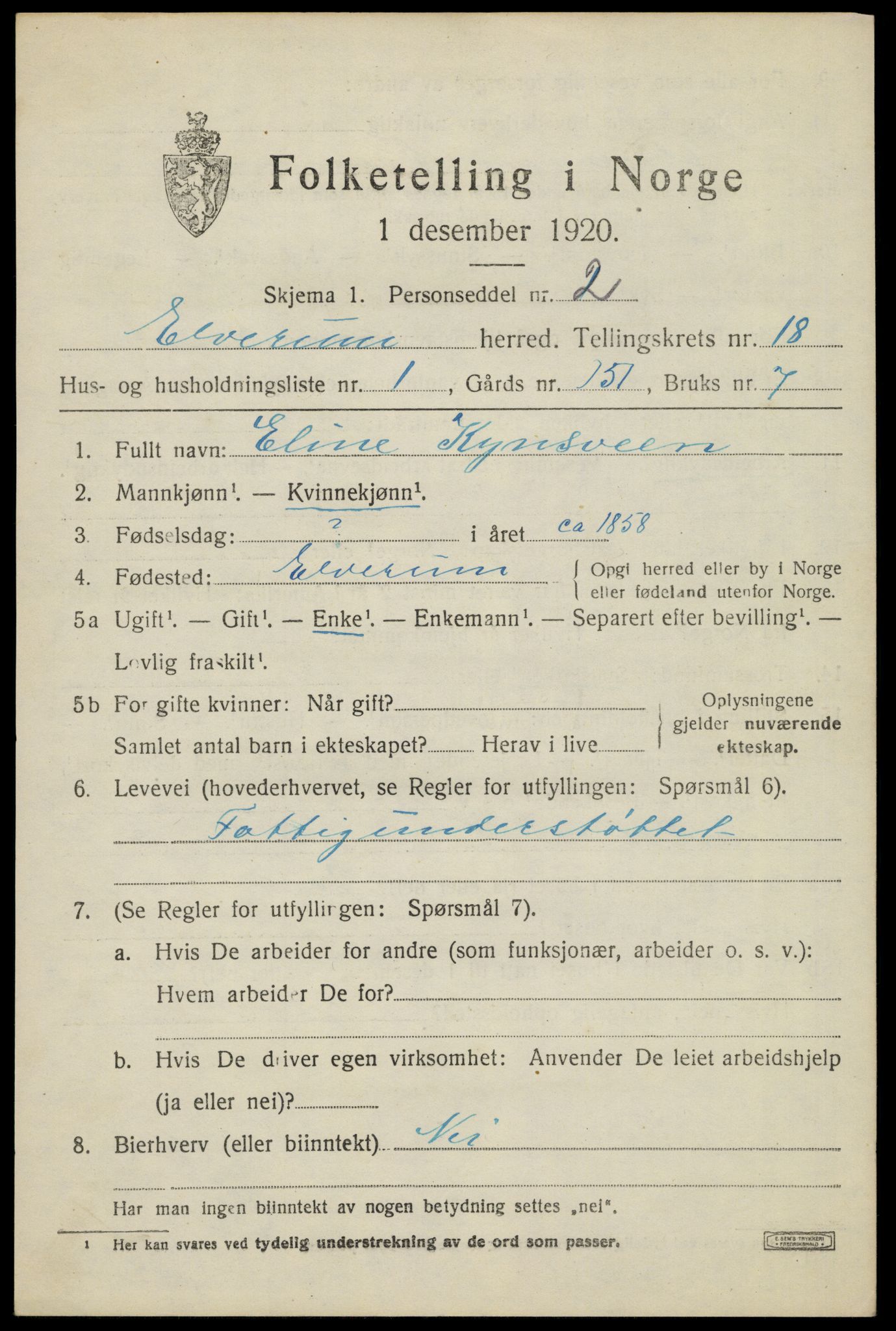 SAH, 1920 census for Elverum, 1920, p. 22090