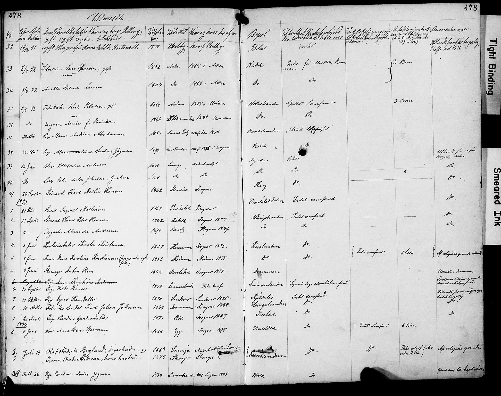 Lier kirkebøker, AV/SAKO-A-230/F/Fa/L0015: Parish register (official) no. I 15, 1883-1894, p. 478
