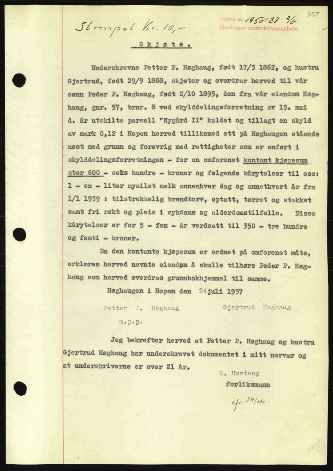 Nordmøre sorenskriveri, AV/SAT-A-4132/1/2/2Ca: Mortgage book no. A81, 1937-1937, Diary no: : 1950/1937