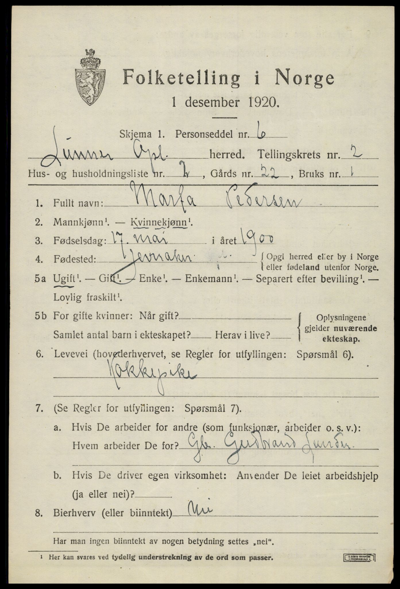 SAH, 1920 census for Lunner, 1920, p. 2881