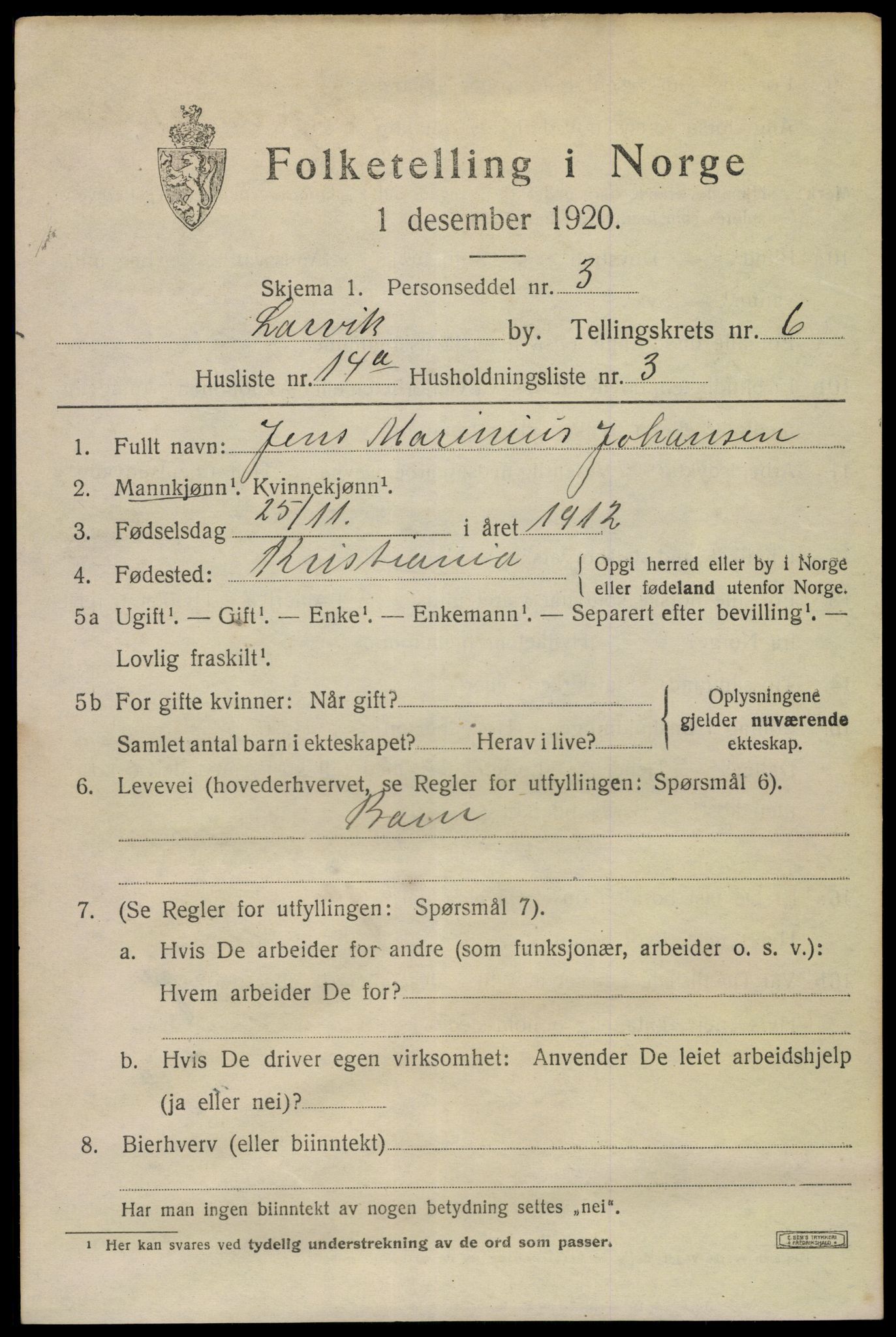 SAKO, 1920 census for Larvik, 1920, p. 18240