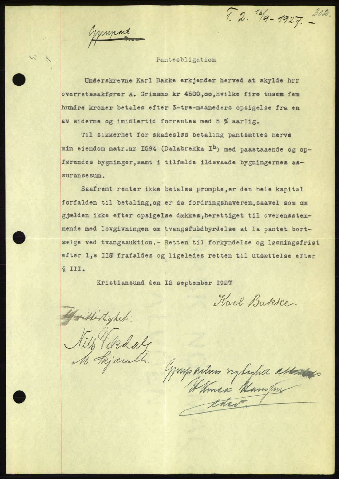 Kristiansund byfogd, AV/SAT-A-4587/A/27: Mortgage book no. 21, 1926-1928, Deed date: 13.09.1927