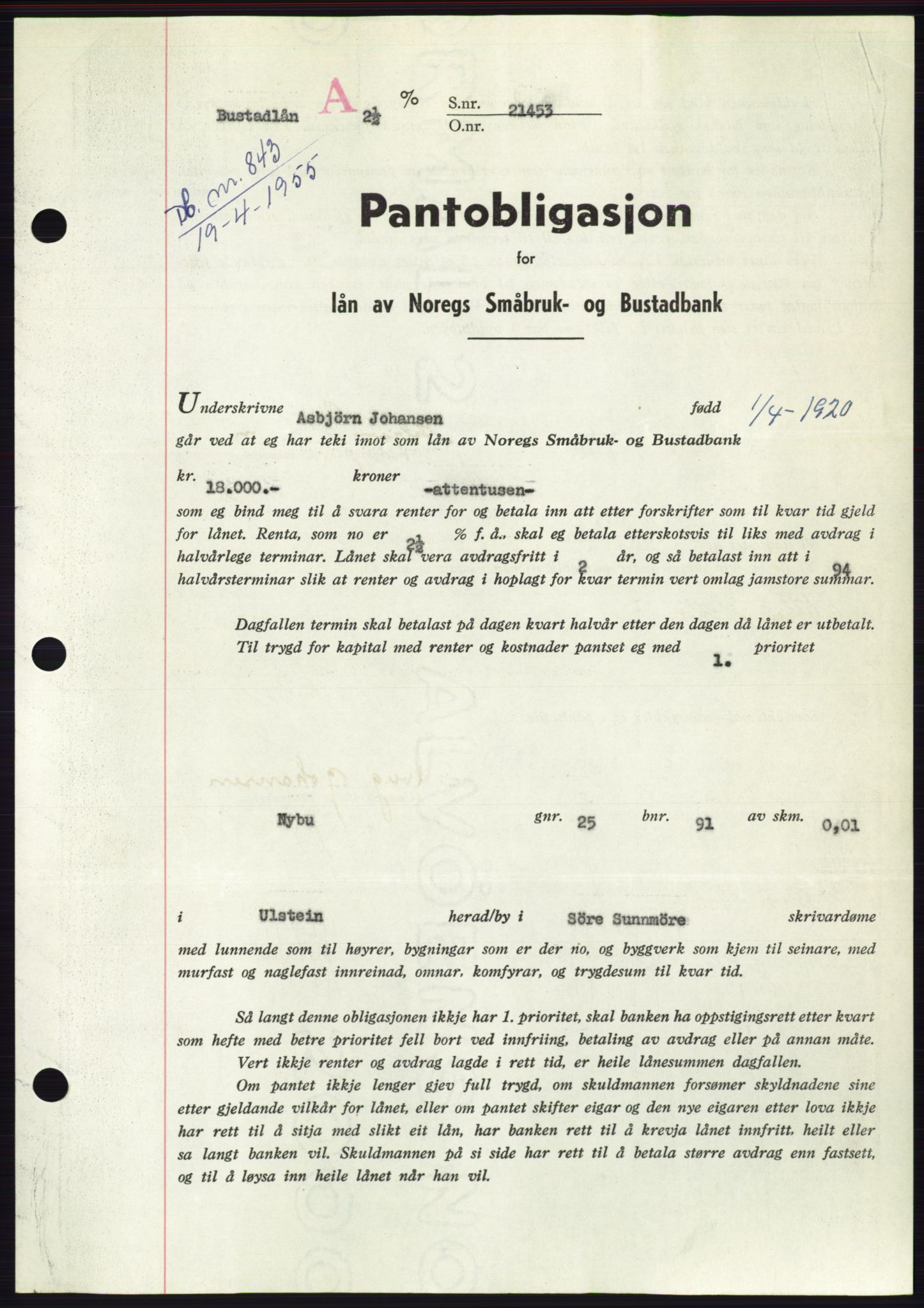 Søre Sunnmøre sorenskriveri, AV/SAT-A-4122/1/2/2C/L0126: Mortgage book no. 14B, 1954-1955, Diary no: : 843/1955