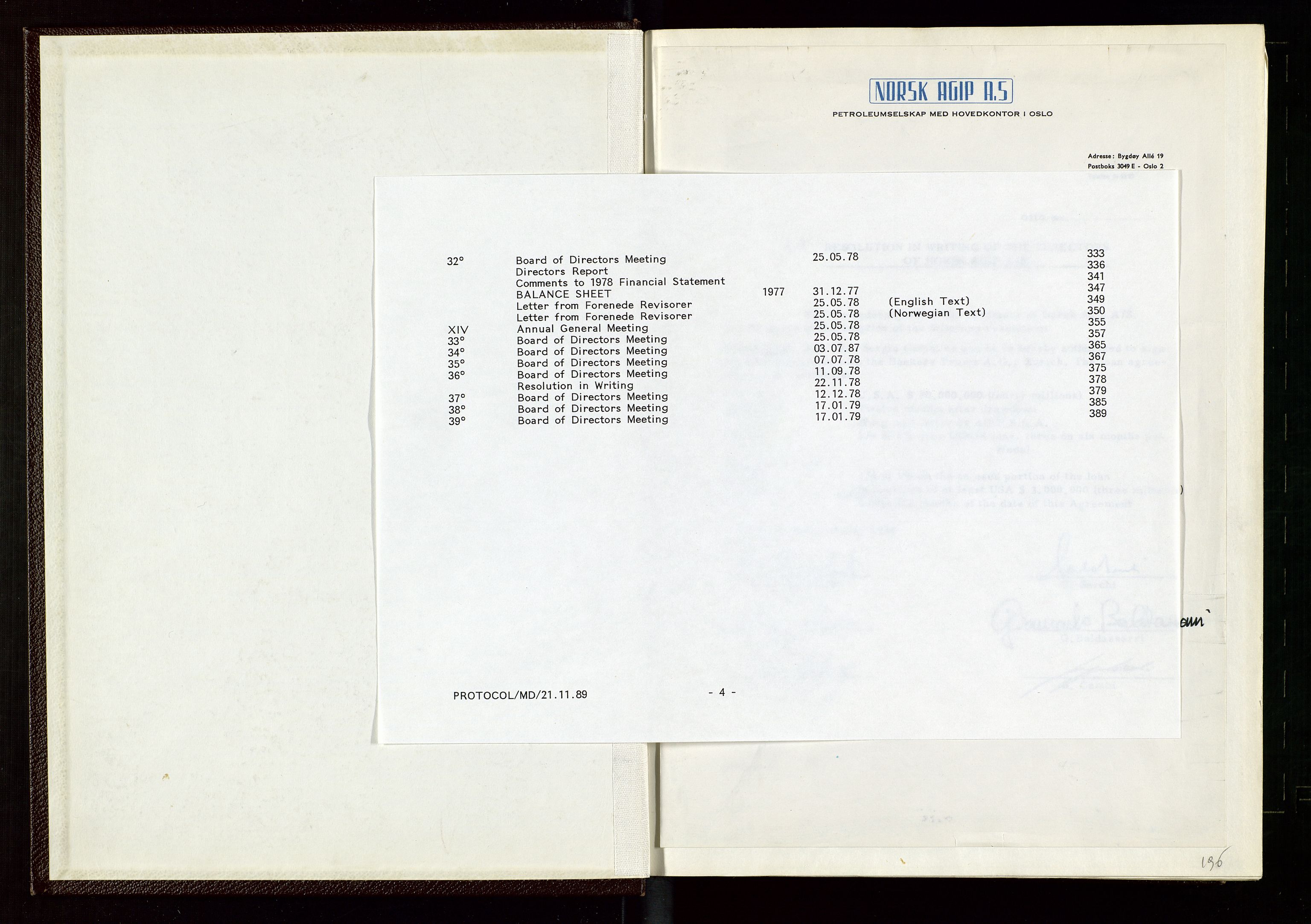 Pa 1583 - Norsk Agip AS, SAST/A-102138/A/Aa/L0002: General assembly and Board of Directors meeting minutes, 1972-1979, p. 196