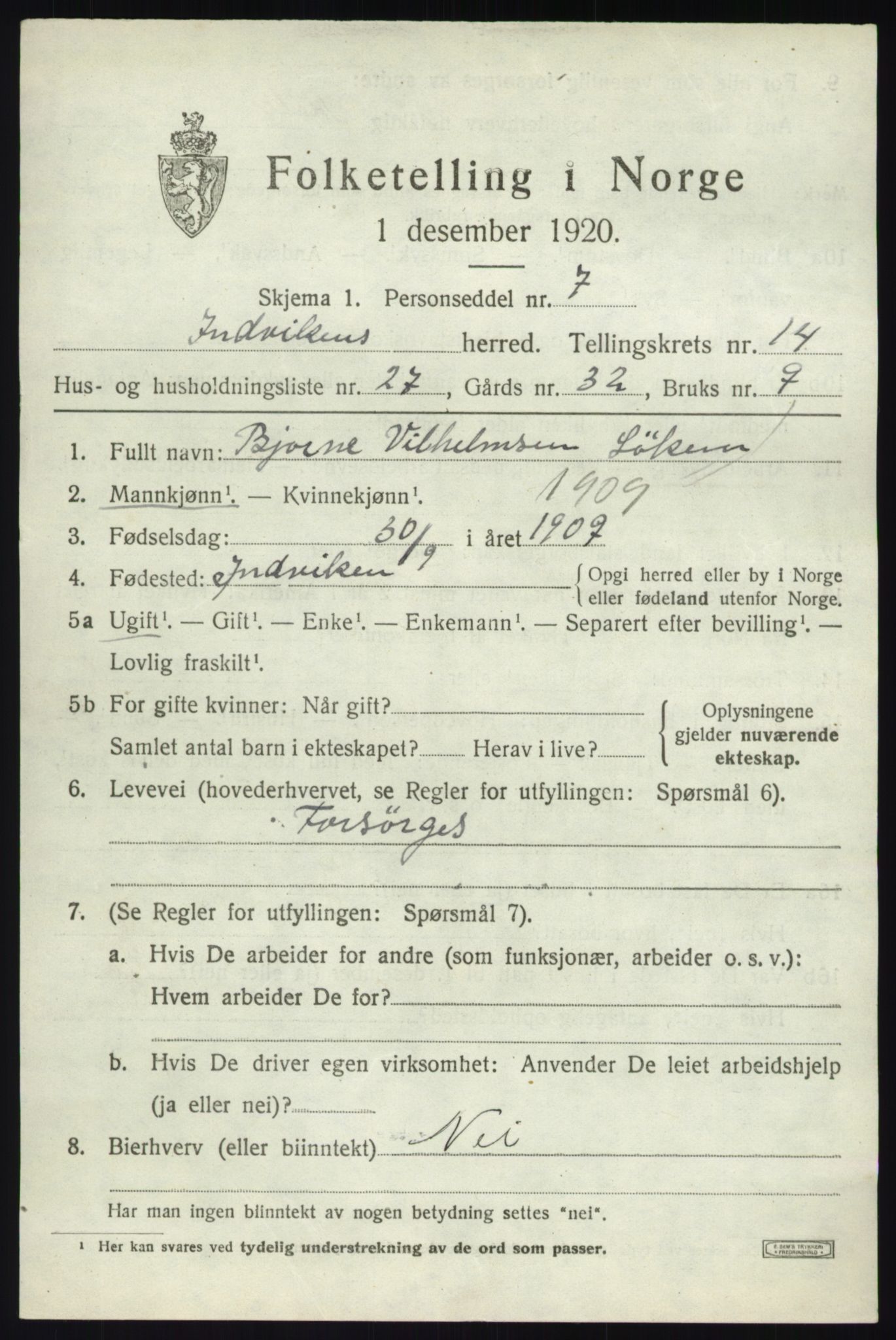 SAB, 1920 census for Innvik, 1920, p. 6111