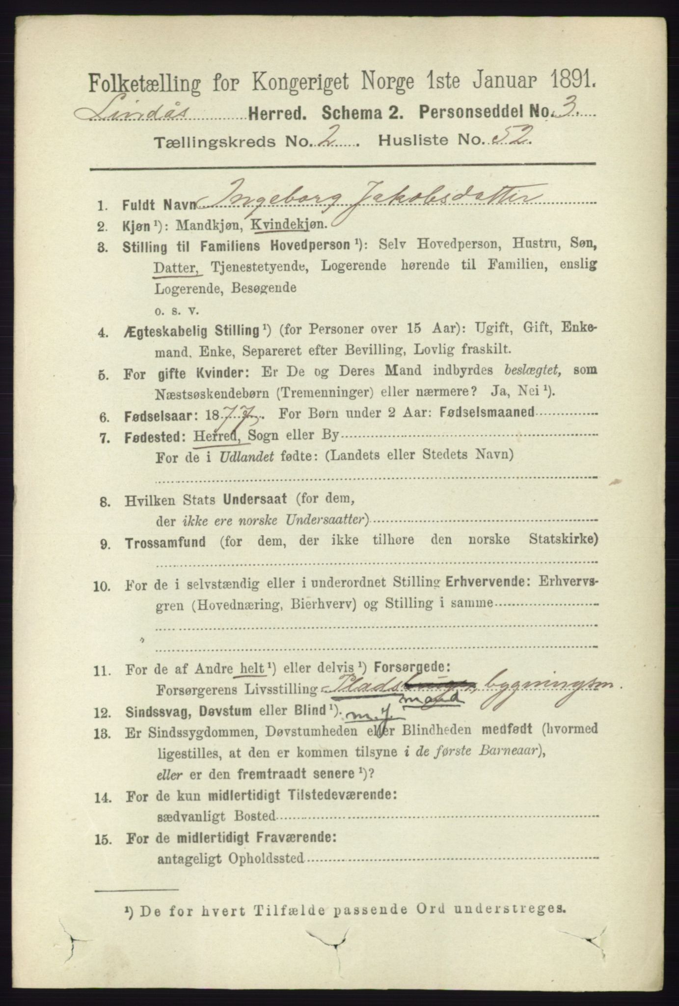 RA, 1891 census for 1263 Lindås, 1891, p. 750