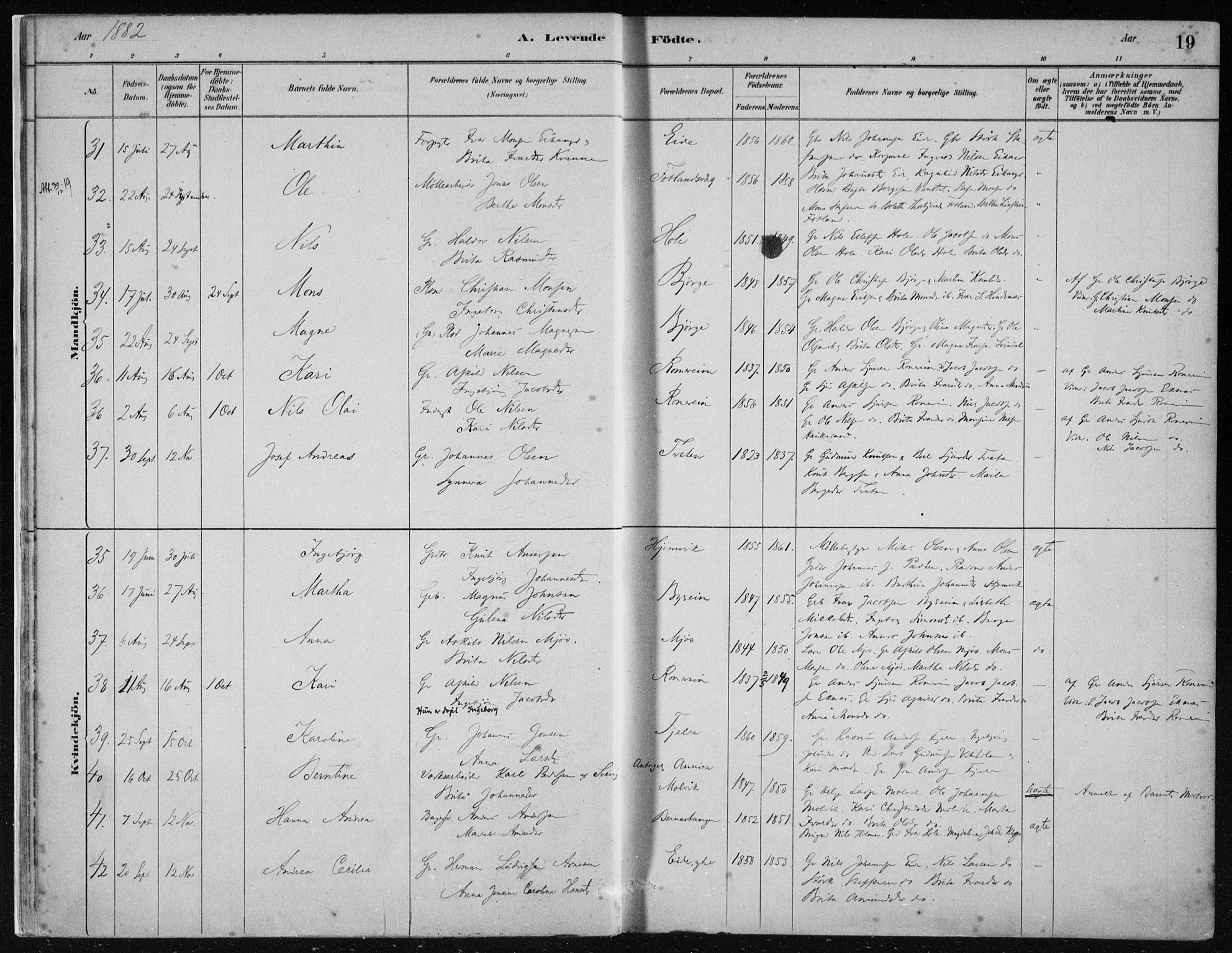 Hosanger sokneprestembete, AV/SAB-A-75801/H/Haa: Parish register (official) no. B  1, 1880-1896, p. 19