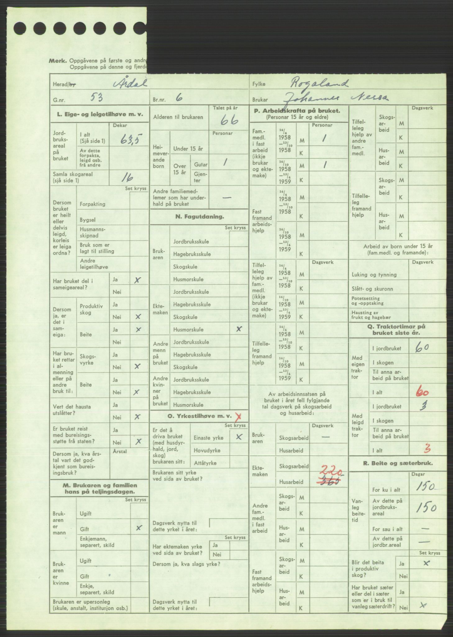 Statistisk sentralbyrå, Næringsøkonomiske emner, Jordbruk, skogbruk, jakt, fiske og fangst, AV/RA-S-2234/G/Gd/L0373: Rogaland: 1130 Strand (kl. 1-2), 1131 Årdal og 1132 Fister, 1959, p. 1317