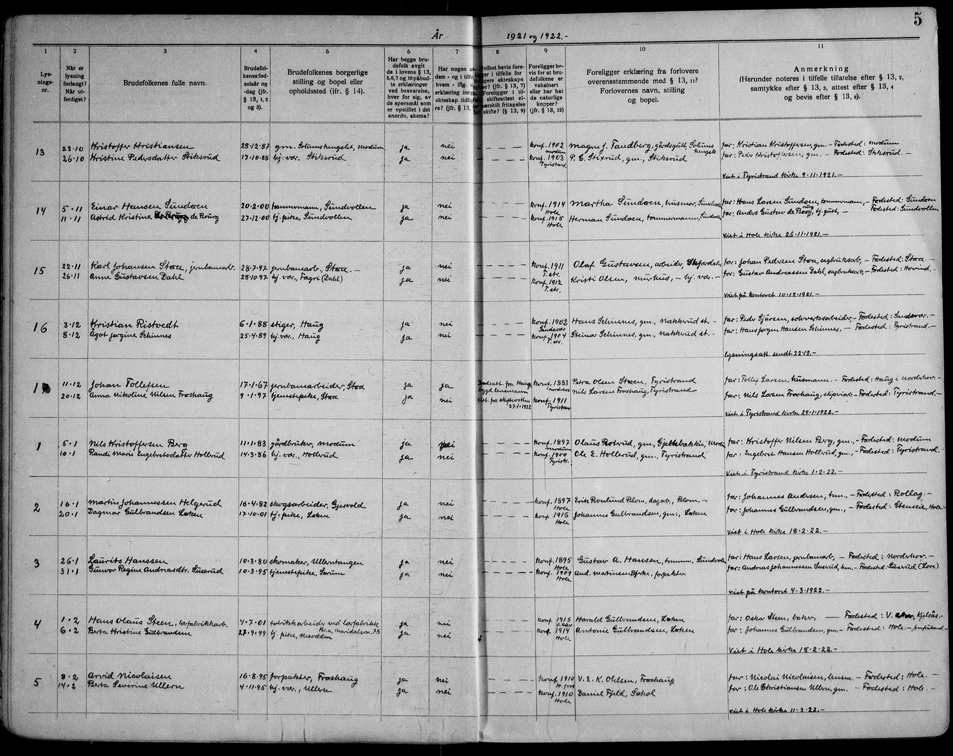 Hole kirkebøker, AV/SAKO-A-228/H/Ha/L0004: Banns register no. 4, 1919-1960, p. 5